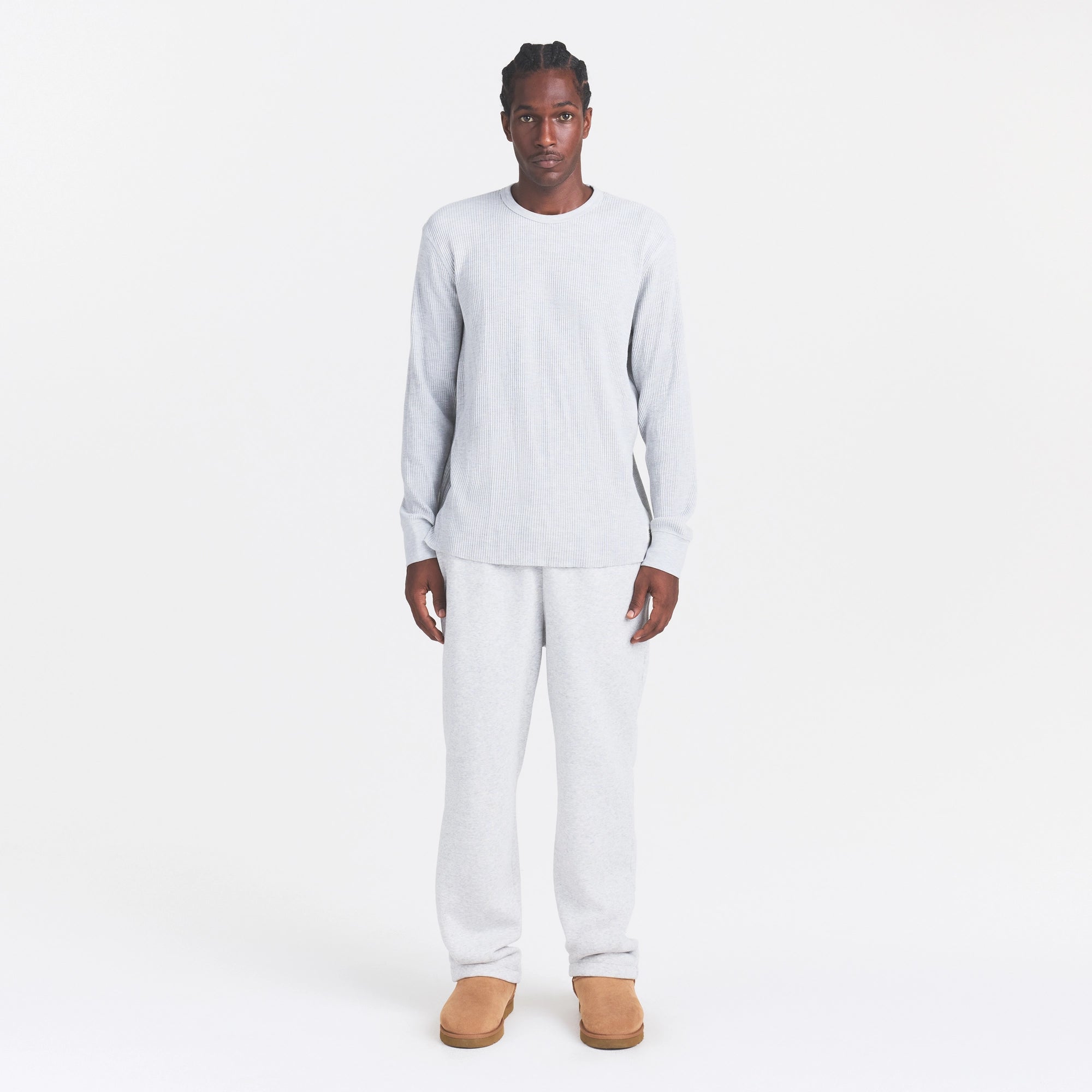 WAFFLE MENS LONG SLEEVE TOP | LIGHT HEATHER GREY ON A MODEL FRONT VIEW @ | FOCUS: 0.0, 1.0, 0.9