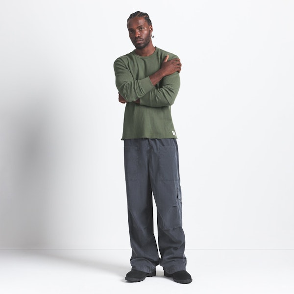WAFFLE MENS LONG SLEEVE TOP | MILITARY GREEN ON A MODEL FRONT VIEW @ | FOCUS: 0.0, 1.0, 0.9