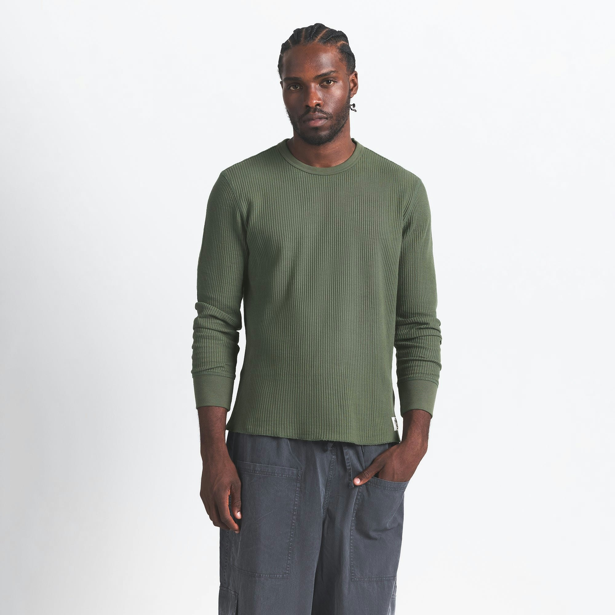 WAFFLE MENS LONG SLEEVE TOP | MILITARY GREEN ON A MODEL FRONT VIEW @ | FOCUS: 0.0, 1.0, 0.9