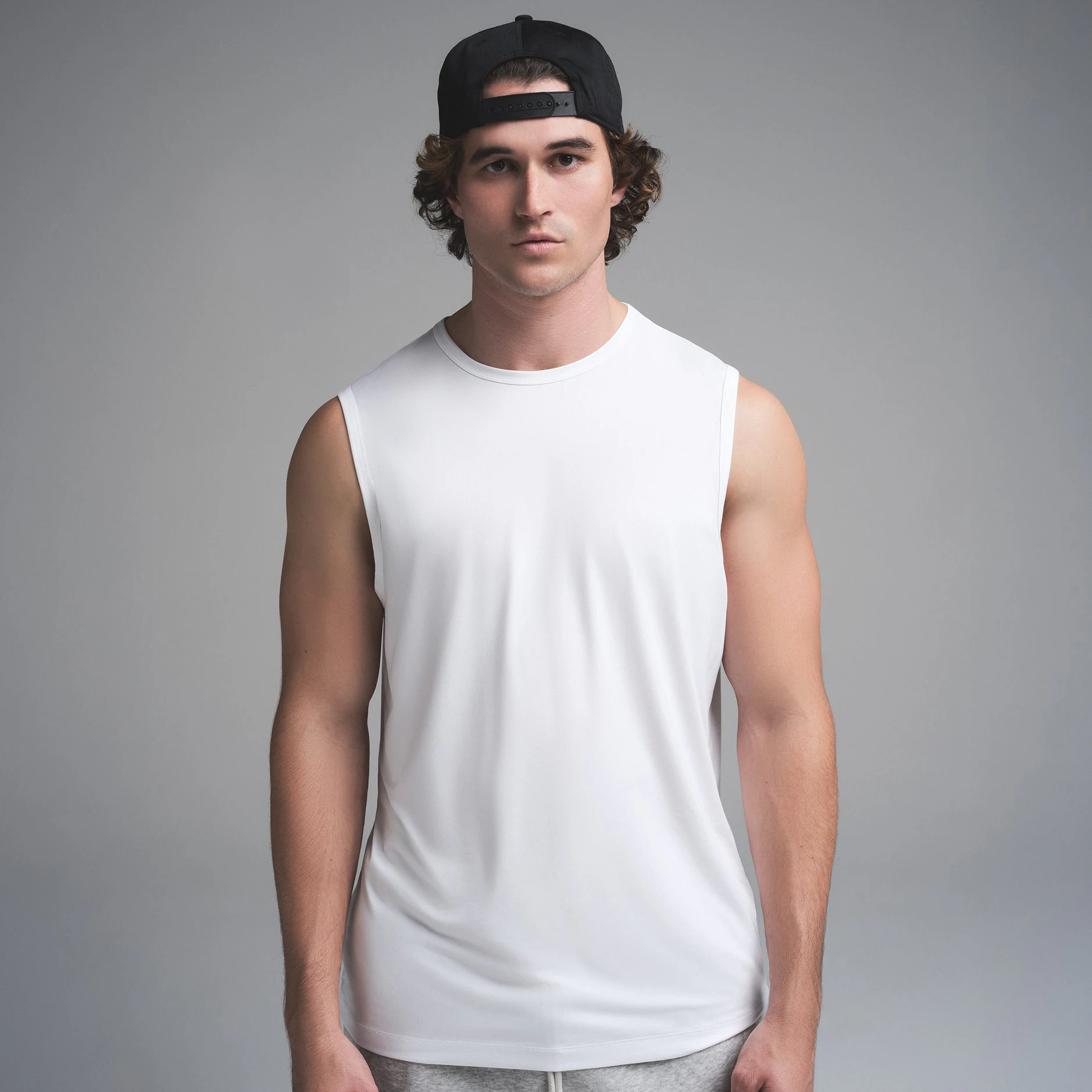 OUTDOOR JERSEY MENS MUSCLE TANK | CHALK ON A MODEL SIDE VIEW | FOCUS: 0.0, 1.0, 0.9