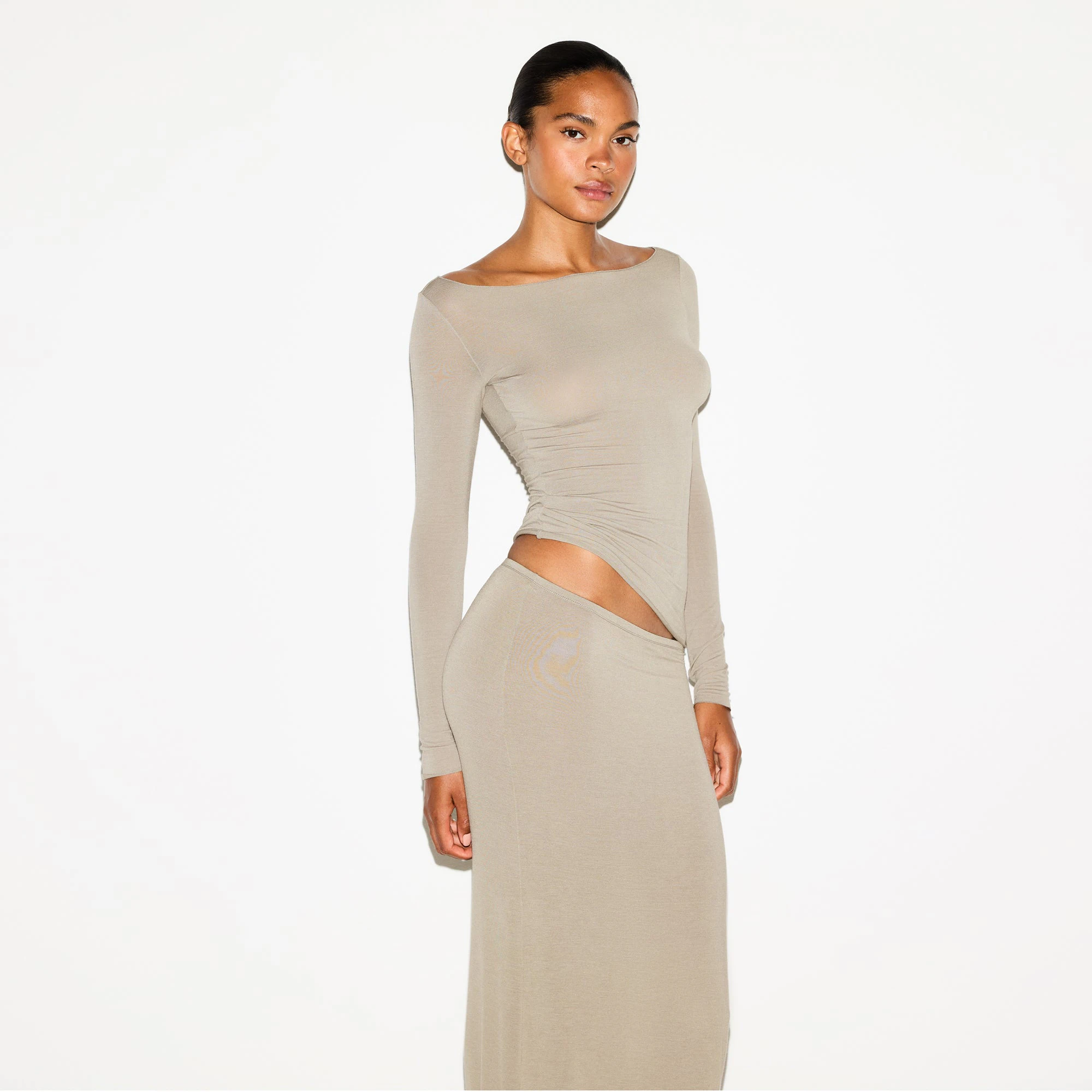 SHEER MODAL LONG SLEEVE BOAT NECK TOP | DUNE ON A MODEL SIDE VIEW @ | FOCUS: 0.0, 1.0, 0.9