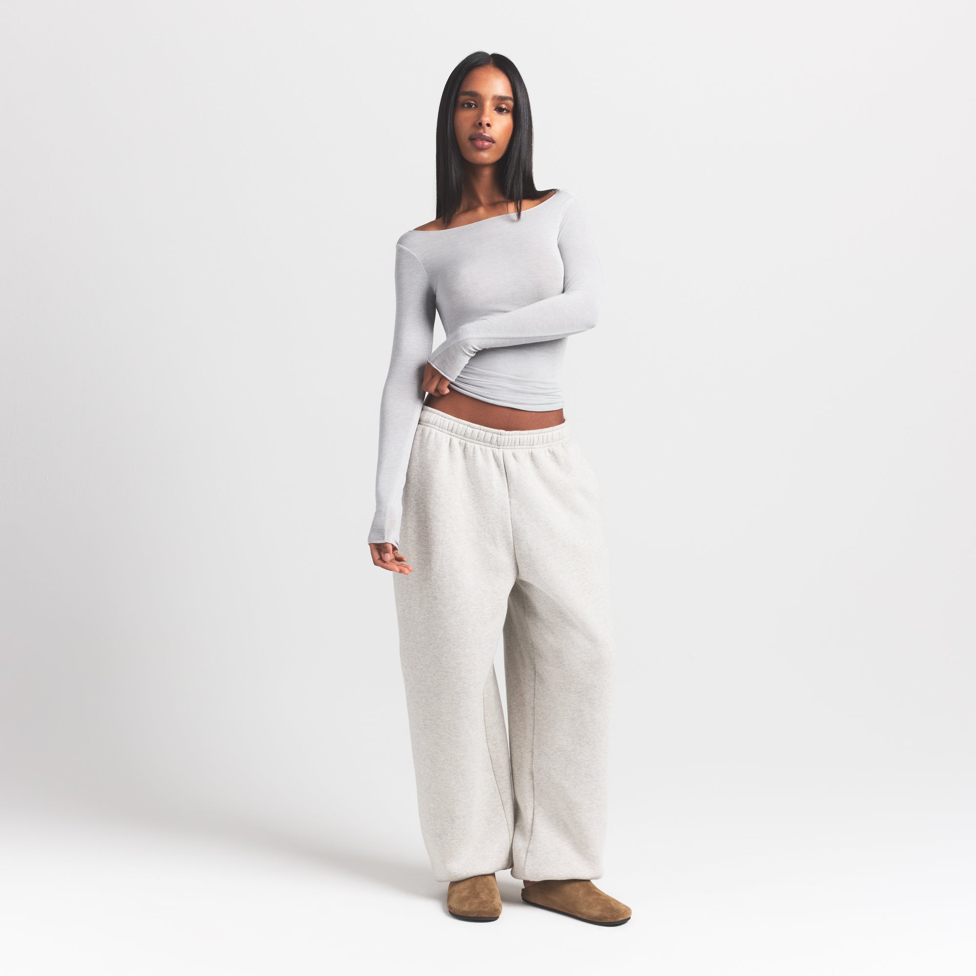 SHEER MODAL LONG SLEEVE BOATNECK TOP | HEATHER GREY ON A MODEL FRONT VIEW S | FOCUS: 0.0, 1.0, 0.9