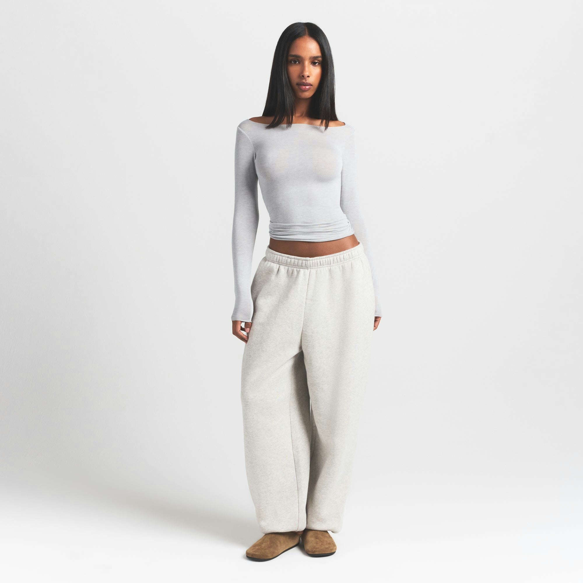 SHEER MODAL LONG SLEEVE BOATNECK TOP | HEATHER GREY ON A MODEL FRONT VIEW S | FOCUS: 0.0, 1.0, 0.9