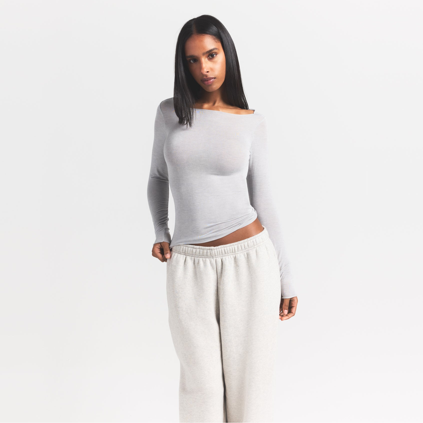 SHEER MODAL LONG SLEEVE BOATNECK TOP | HEATHER GREY ON A MODEL FRONT VIEW S | FOCUS: 0.0, 1.0, 0.9