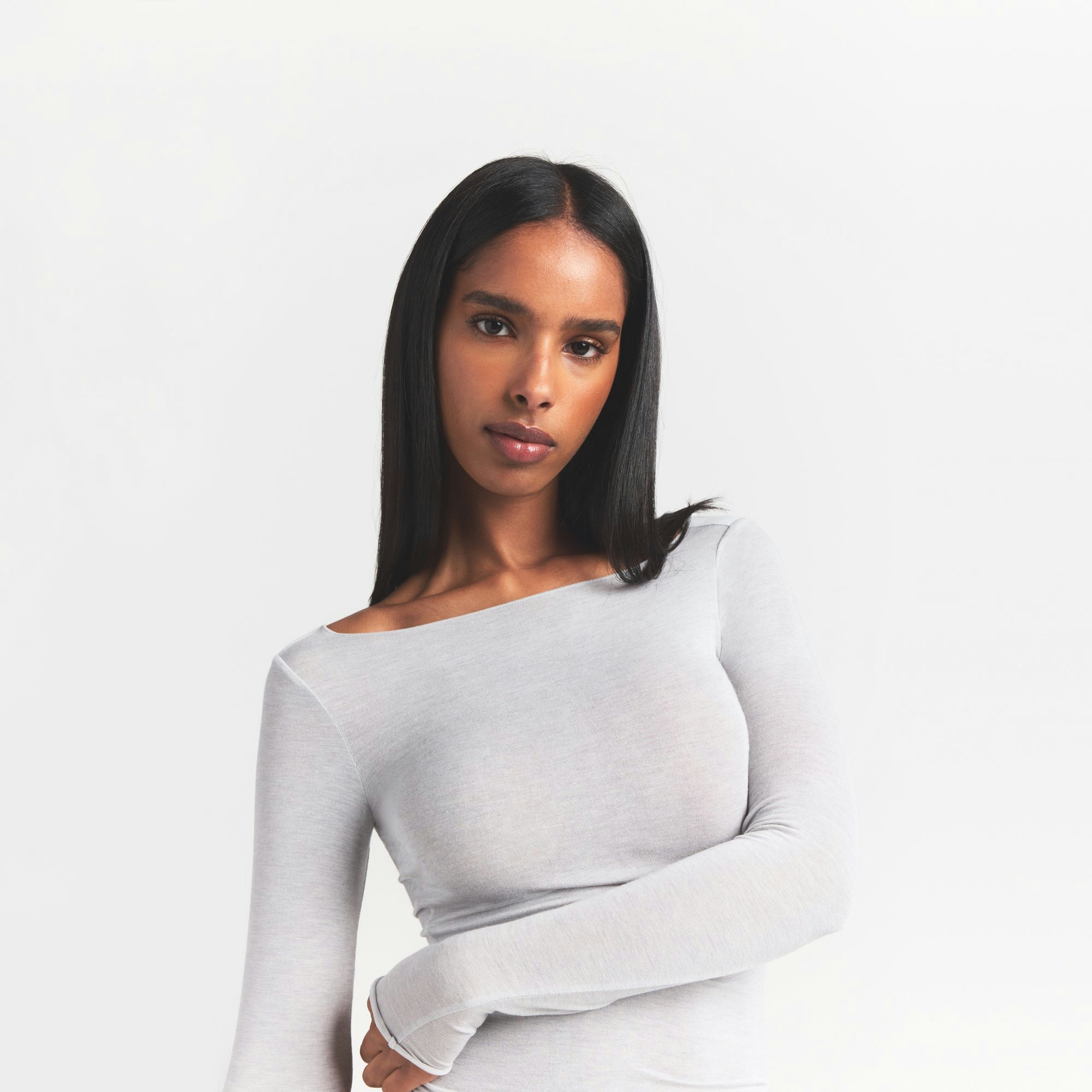 SHEER MODAL LONG SLEEVE BOATNECK TOP | HEATHER GREY ON A MODEL FRONT VIEW S | FOCUS: 0.0, 1.0, 0.9