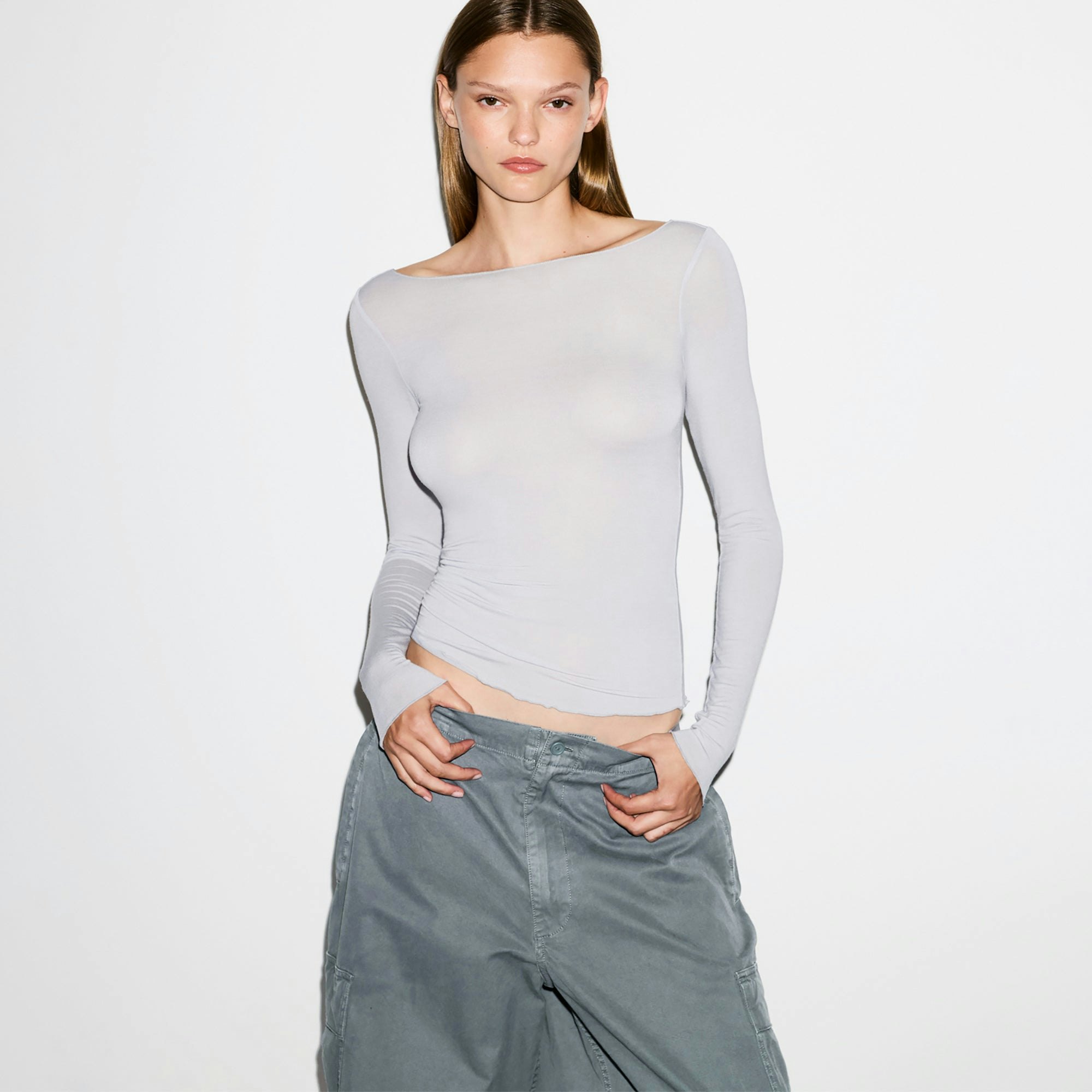 SHEER MODAL LONG SLEEVE BOATNECK TOP | MIST ON A MODEL FRONT VIEW @ | FOCUS: 0.0, 1.0, 0.9