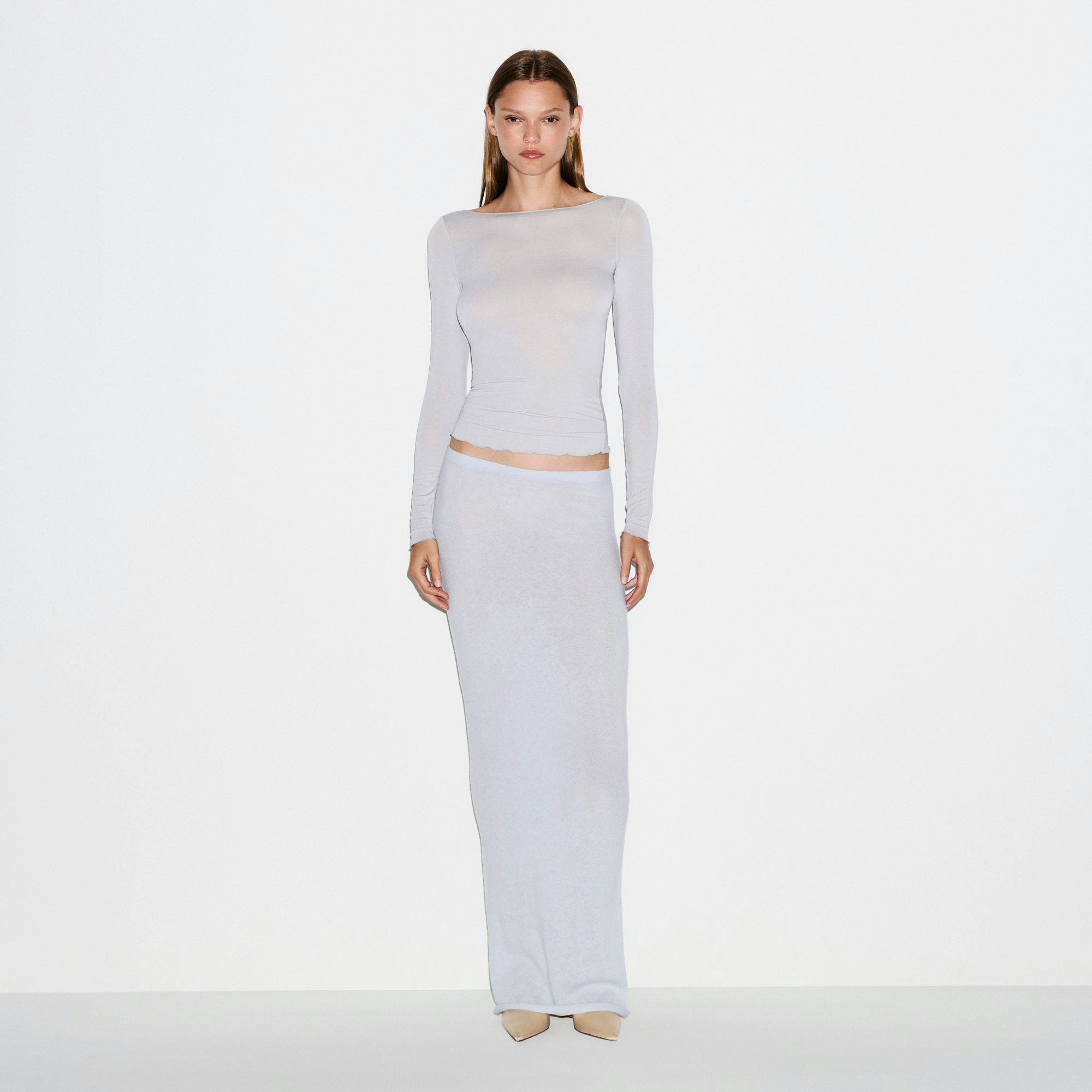 SHEER MODAL LONG SLEEVE BOATNECK TOP | MIST ON A MODEL FRONT VIEW @ | FOCUS: 0.0, 1.0, 0.9