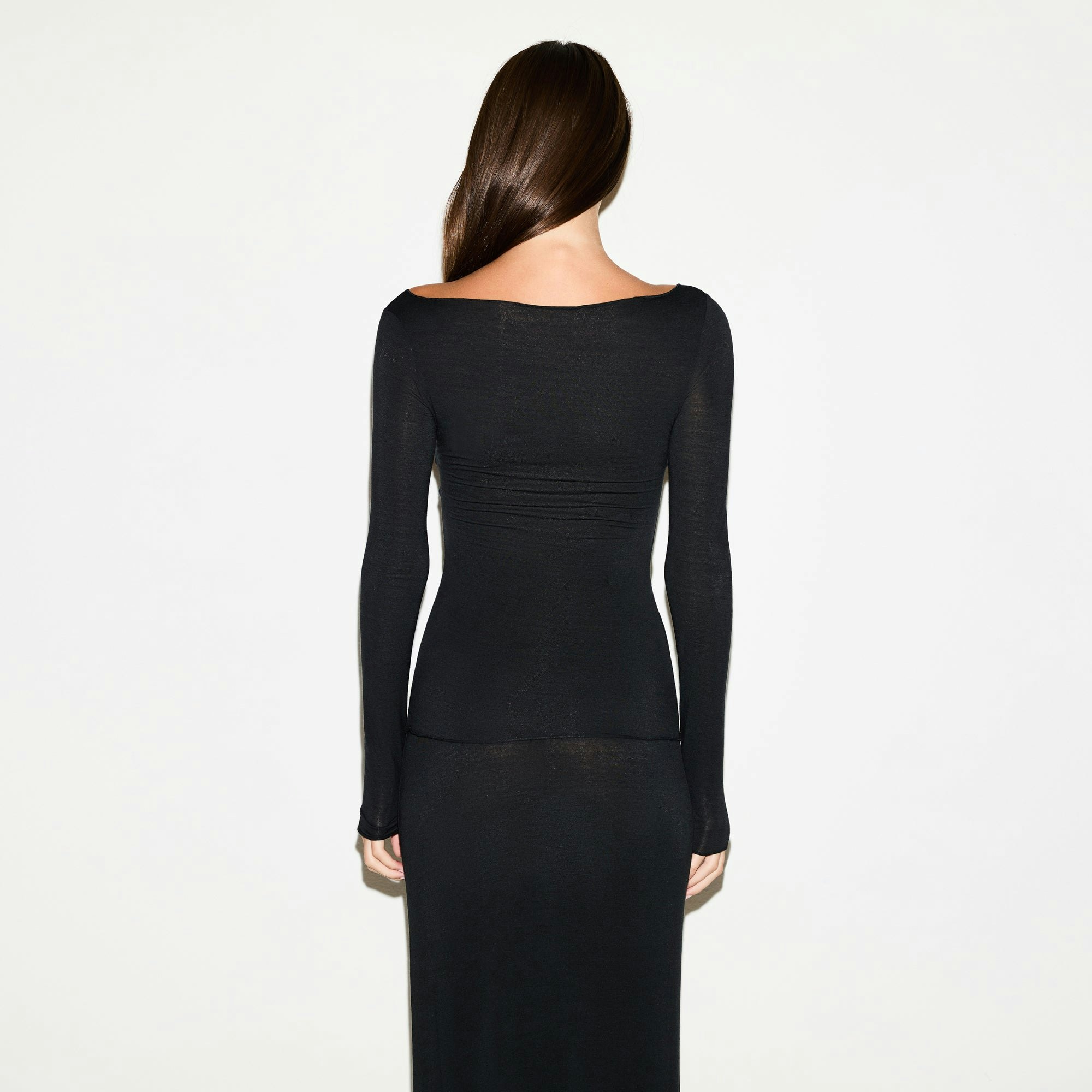 SHEER MODAL LONG SLEEVE BOAT NECK TOP | ONYX ON A MODEL SIDE VIEW @ | FOCUS: 0.0, 1.0, 0.9