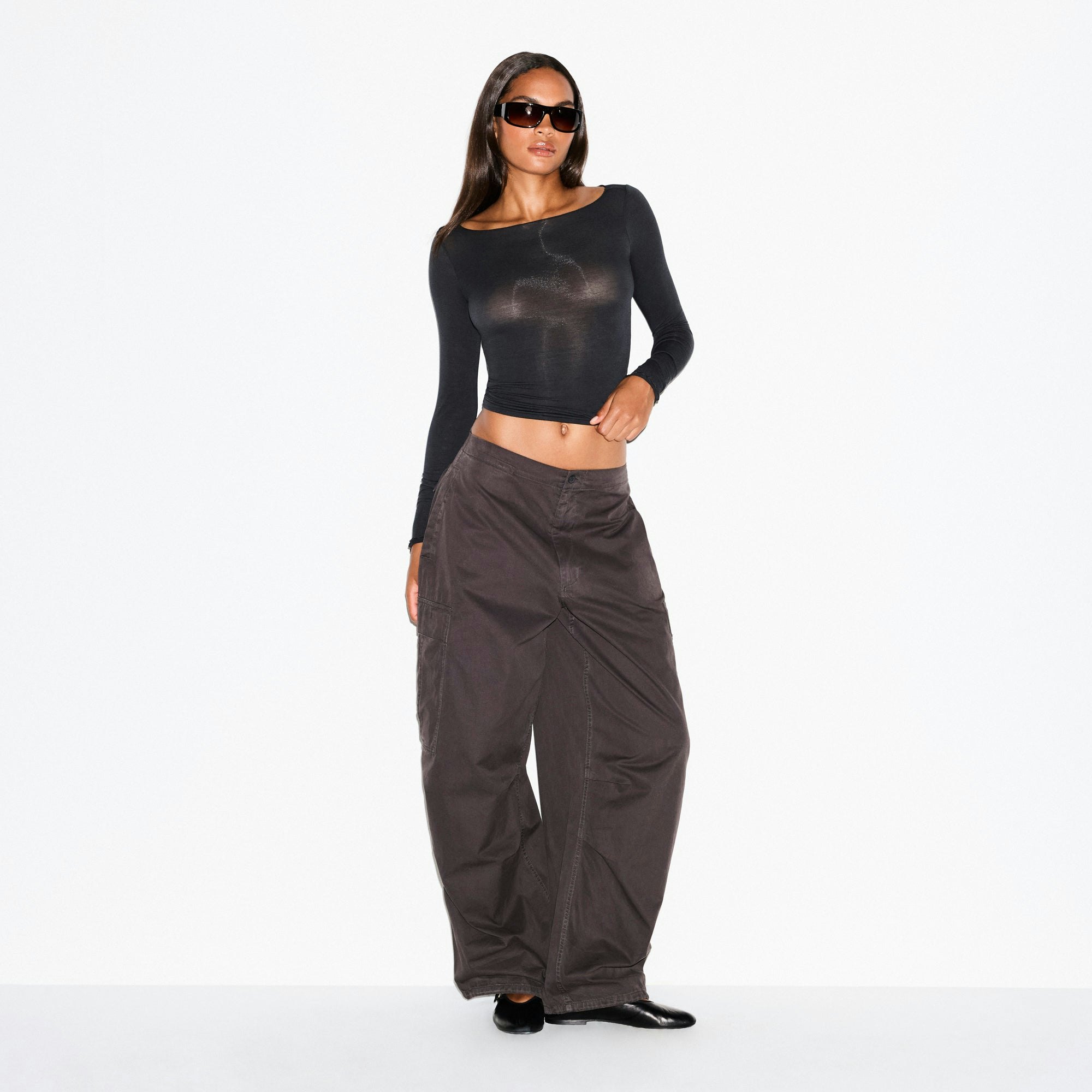 SHEER MODAL LONG SLEEVE BOATNECK TOP | ONYX ON A MODEL FRONT VIEW @ | FOCUS: 0.0, 1.0, 0.9
