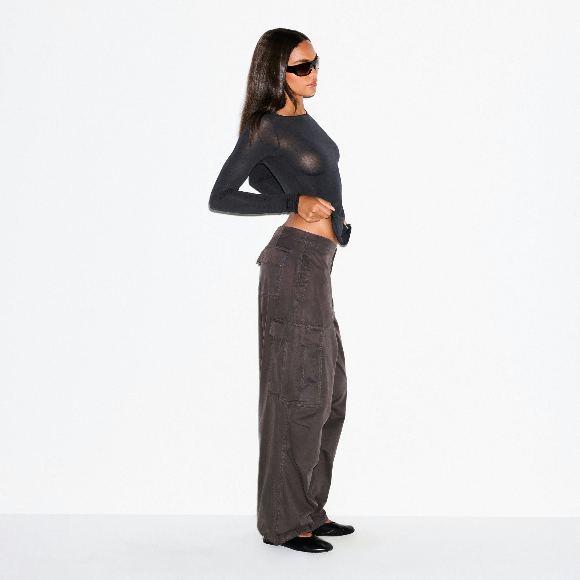 SHEER MODAL LONG SLEEVE BOATNECK TOP | ONYX ON A MODEL FRONT VIEW @ | FOCUS: 0.0, 1.0, 0.9
