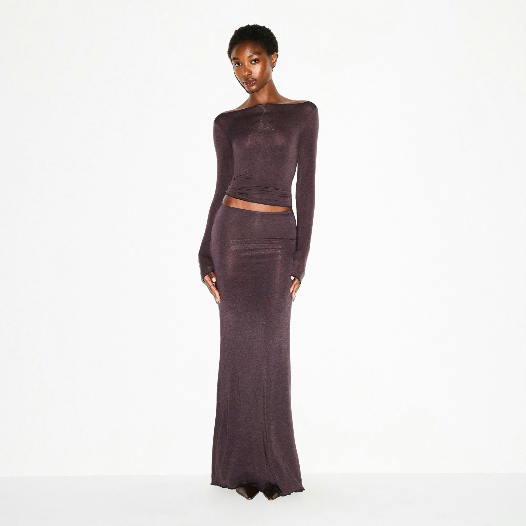 SHEER MODAL LONG SLEEVE BOATNECK TOP | PHOENIX ON A MODEL FRONT VIEW @ | FOCUS: 0.0, 1.0, 0.9