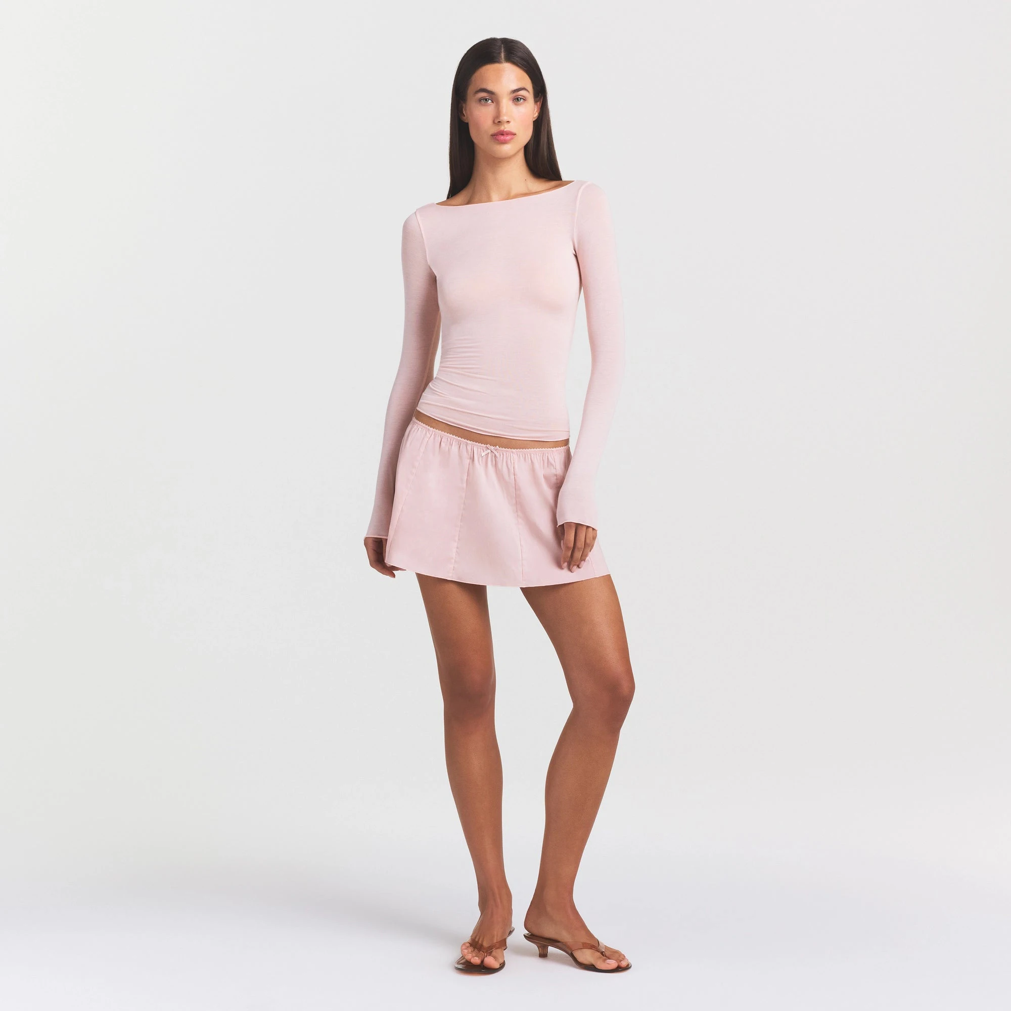 SHEER MODAL LONG SLEEVE BOATNECK TOP | PRIMROSE ON A MODEL FRONT VIEW