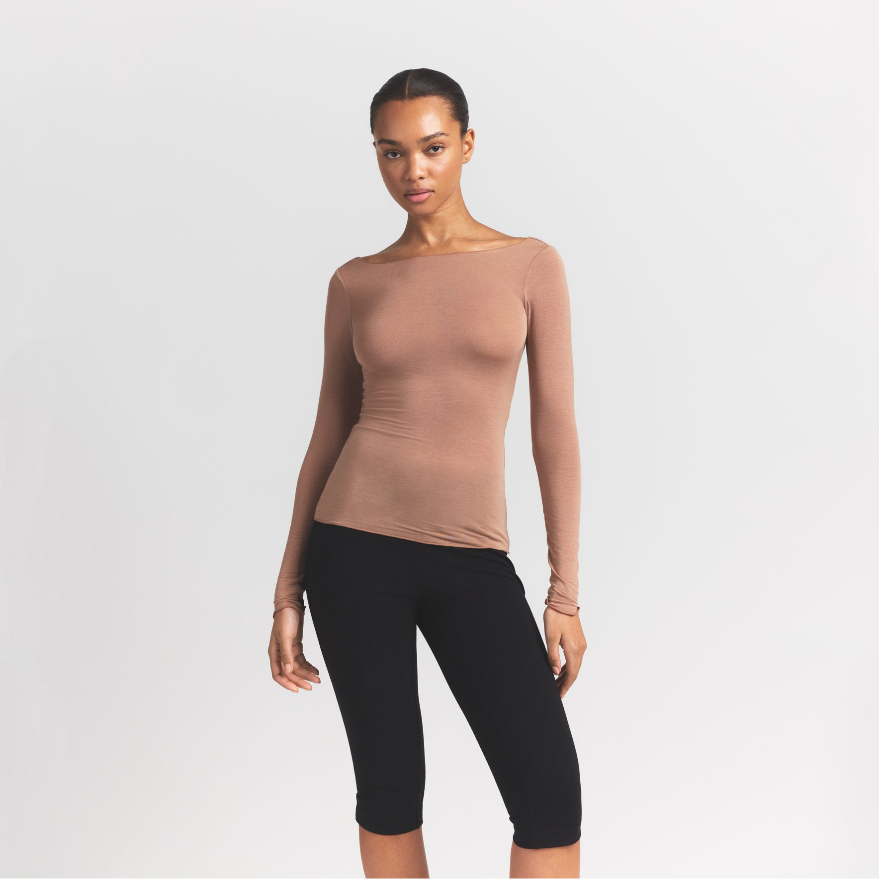 SHEER MODAL LONG SLEEVE BOATNECK TOP | SIENNA ON A MODEL FRONT VIEW @ | FOCUS: 0.9, 0.1, 0.7