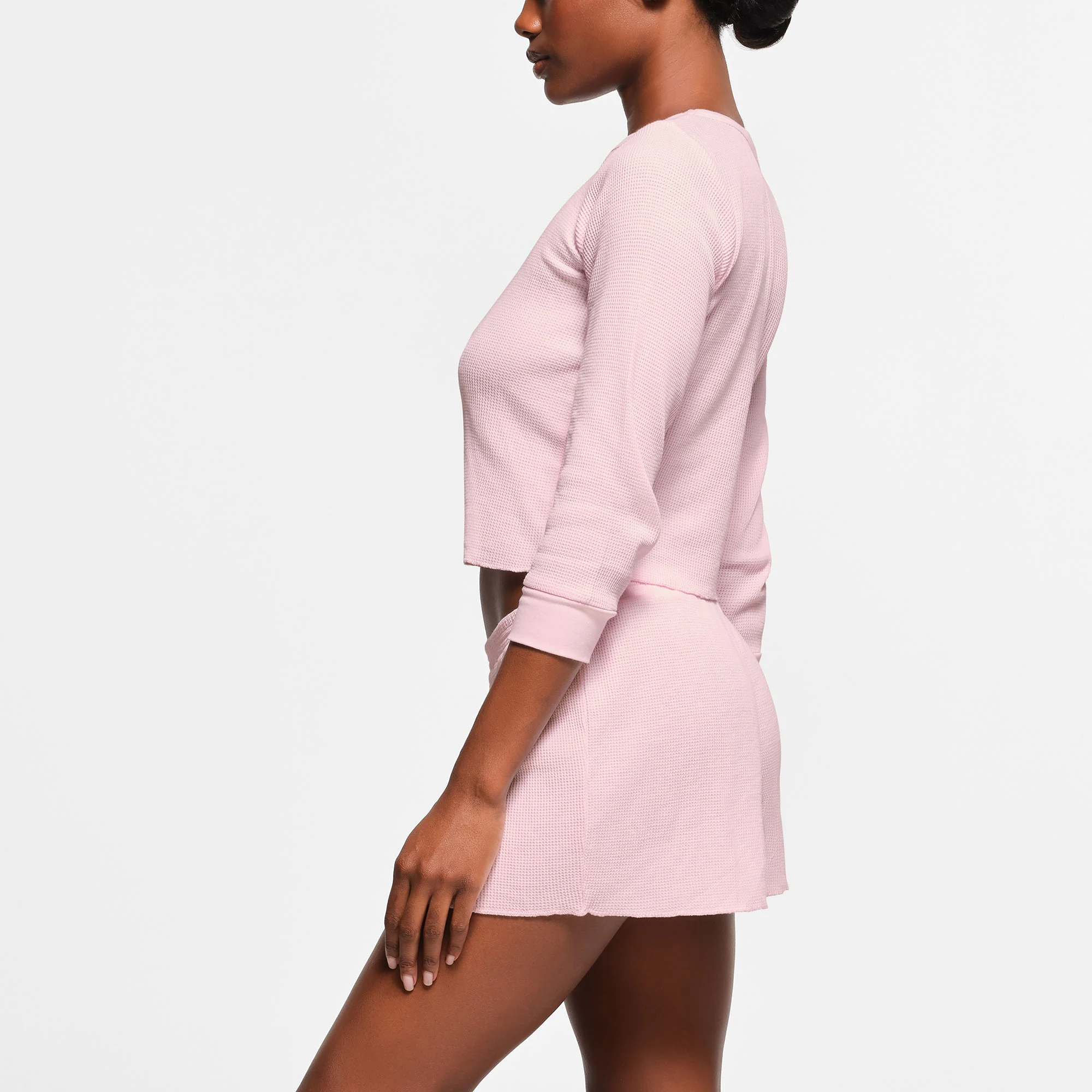 WAFFLE LONG SLEEVE BABY TEE | CHERRY BLOSSOM ON A MODEL SIDE VIEW