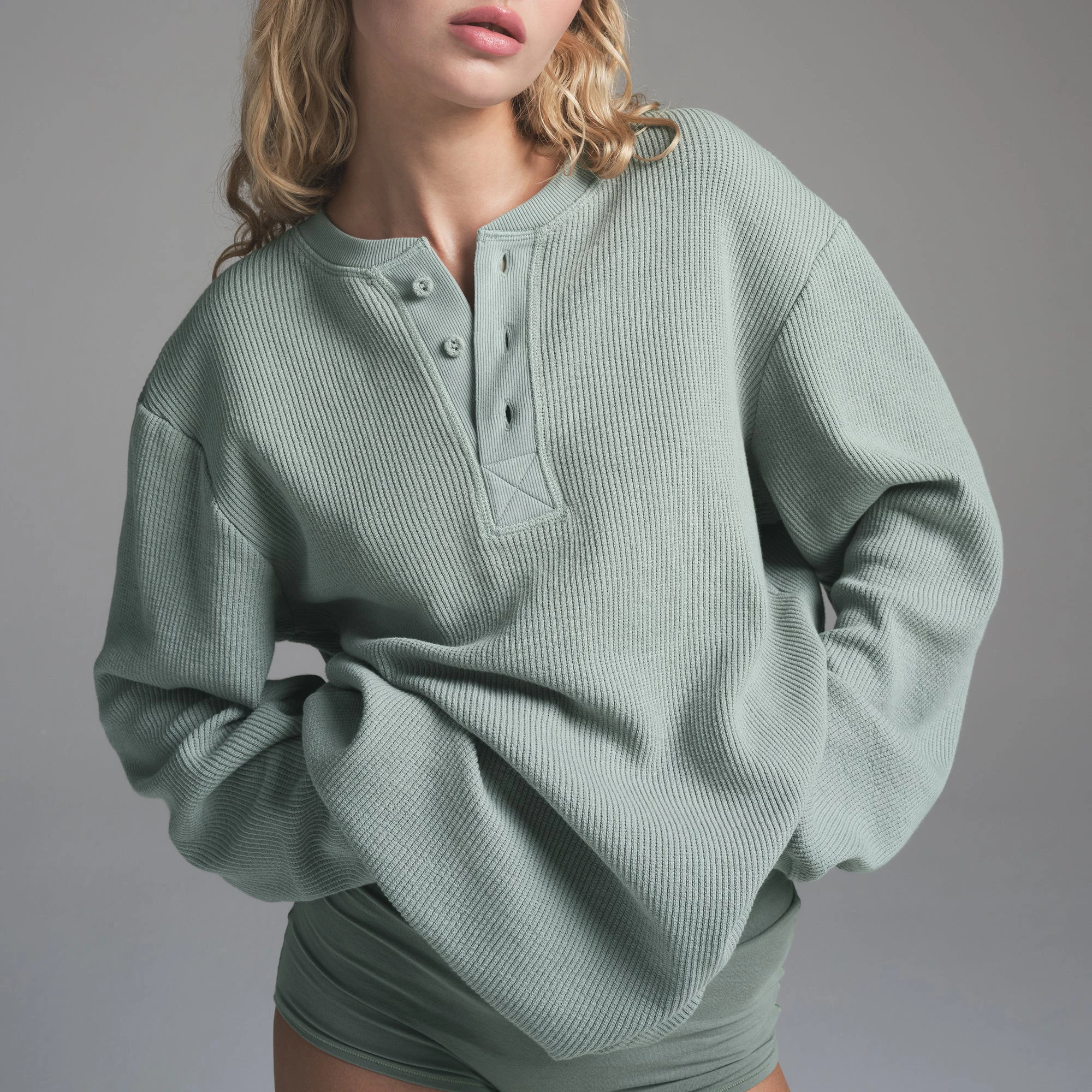 HEAVY WAFFLE LONG SLEEVE HENLEY | VAPOR ON A MODEL FRONT VIEW