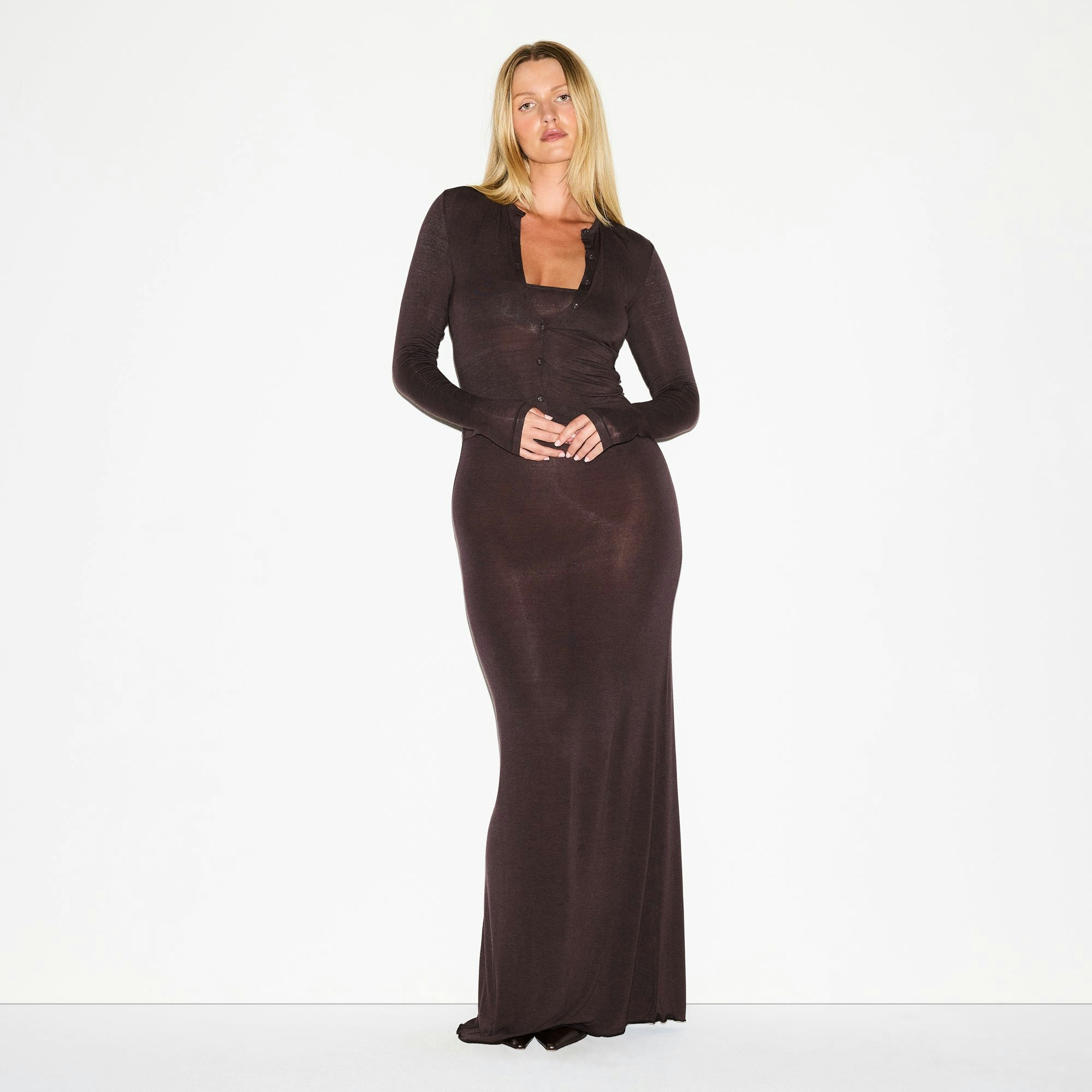 SHEER MODAL CARDIGAN | PHOENIX ON A MODEL FRONT VIEW @ | FOCUS: 0.0, 1.0, 0.9