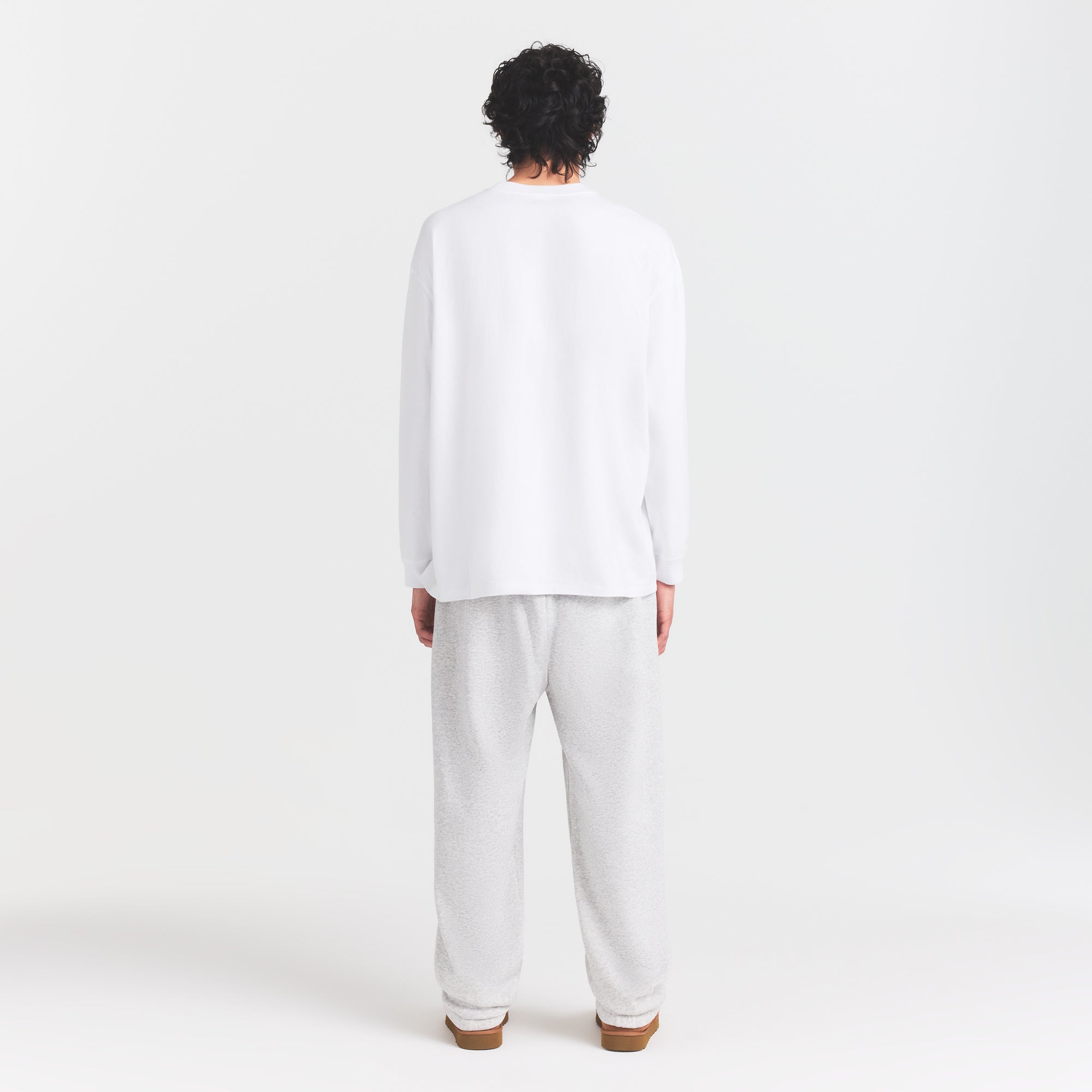 HEAVYWEIGHT COTTON MENS RELAXED LONG SLEEVE T-SHIRT | CHALK ON A MODEL FRONT VIEW