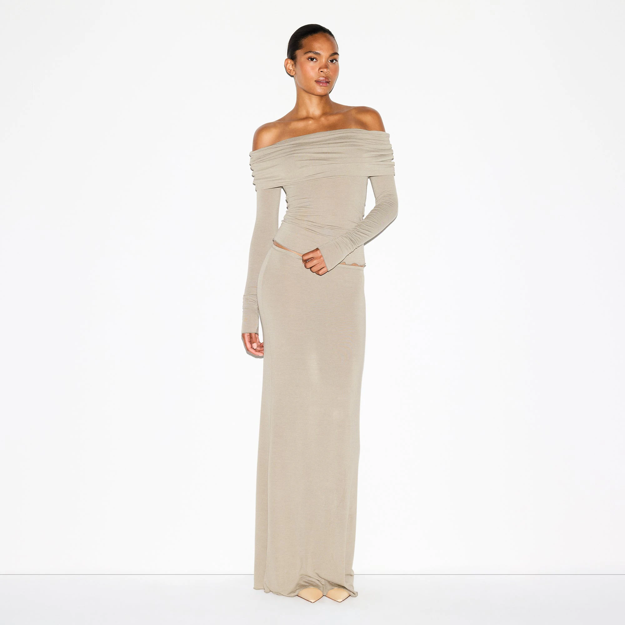 SHEER MODAL OFF THE SHOULDER TOP | DUNE ON A MODEL FRONT VIEW @ | FOCUS: 0.0, 1.0, 0.9