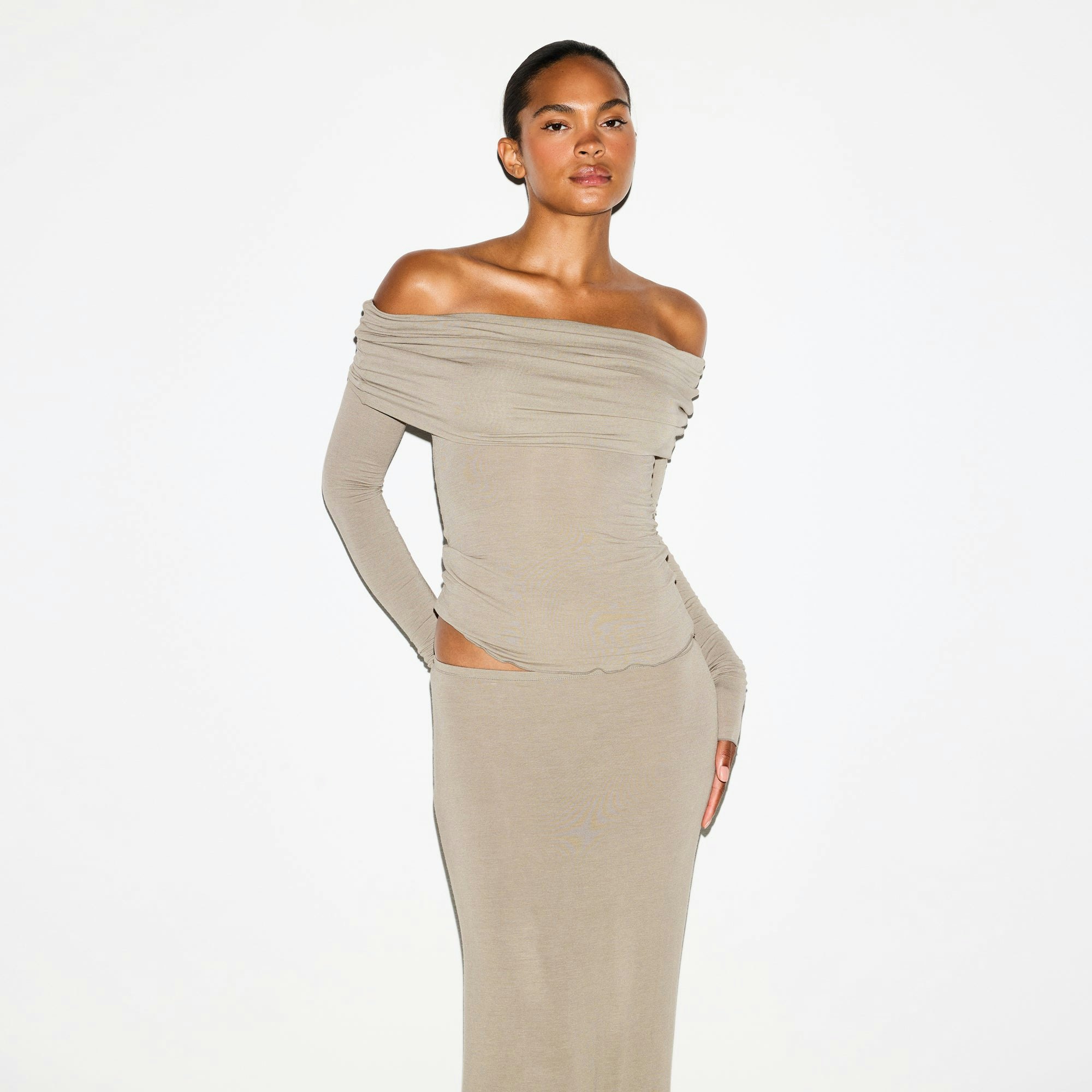 SHEER MODAL OFF THE SHOULDER TOP | DUNE ON A MODEL SIDE VIEW @ | FOCUS: 0.0, 1.0, 0.9