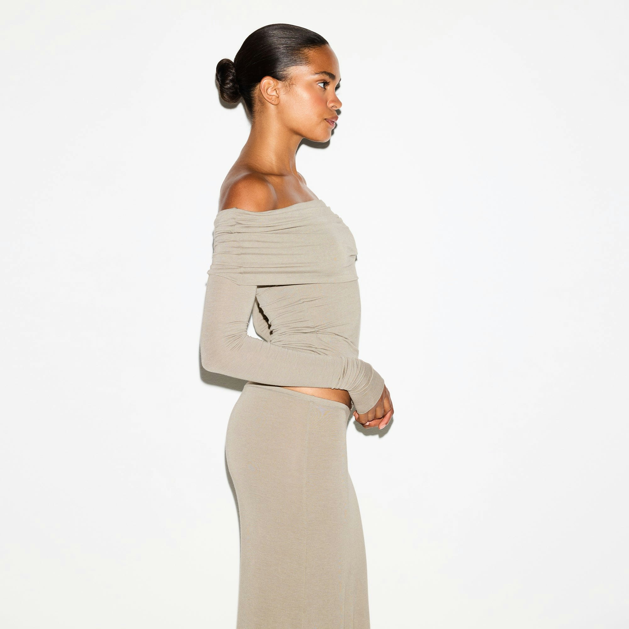SHEER MODAL OFF THE SHOULDER TOP | DUNE ON A MODEL SIDE VIEW @ | FOCUS: 0.0, 1.0, 0.9