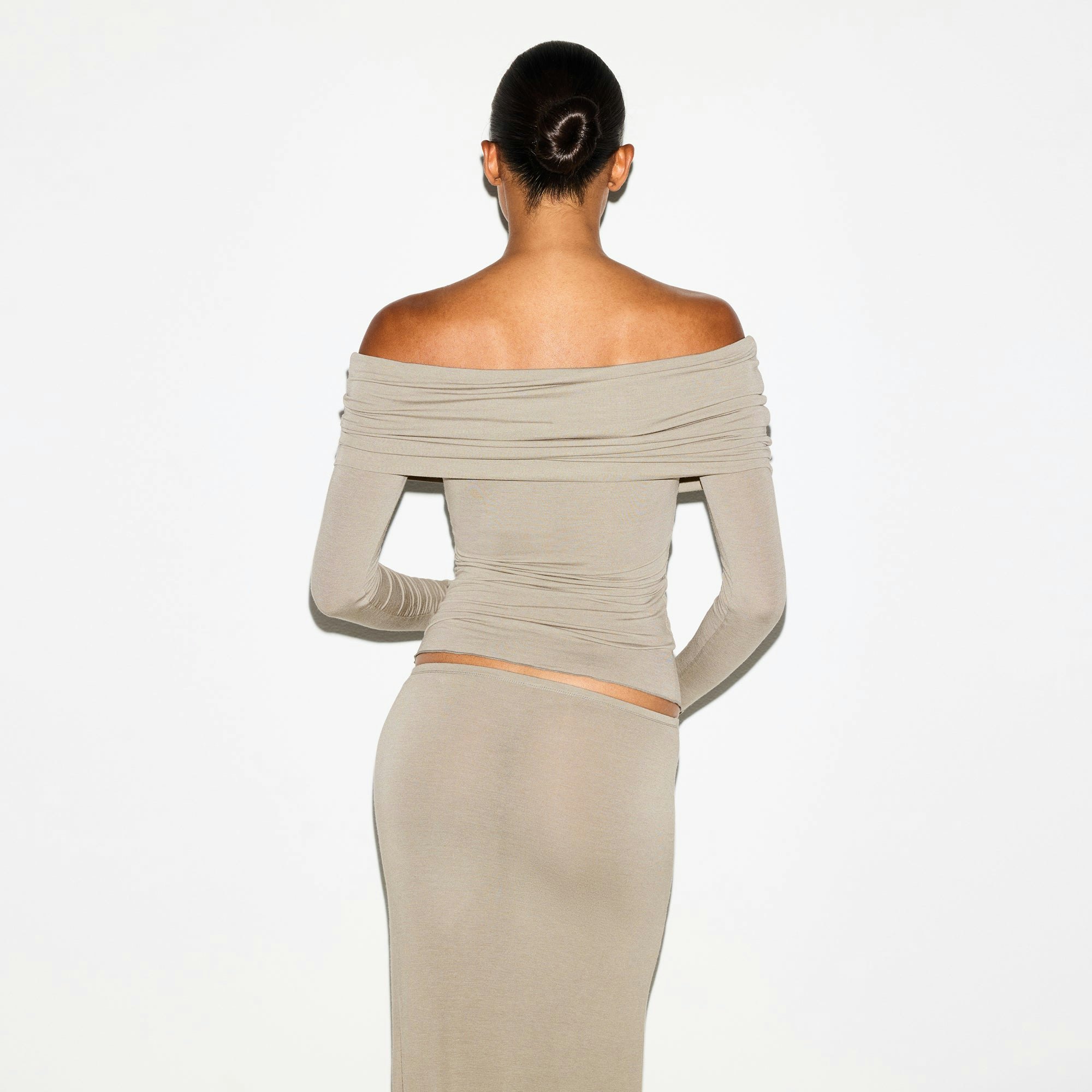 SHEER MODAL OFF THE SHOULDER TOP | DUNE ON A MODEL SIDE VIEW @ | FOCUS: 0.0, 1.0, 0.9