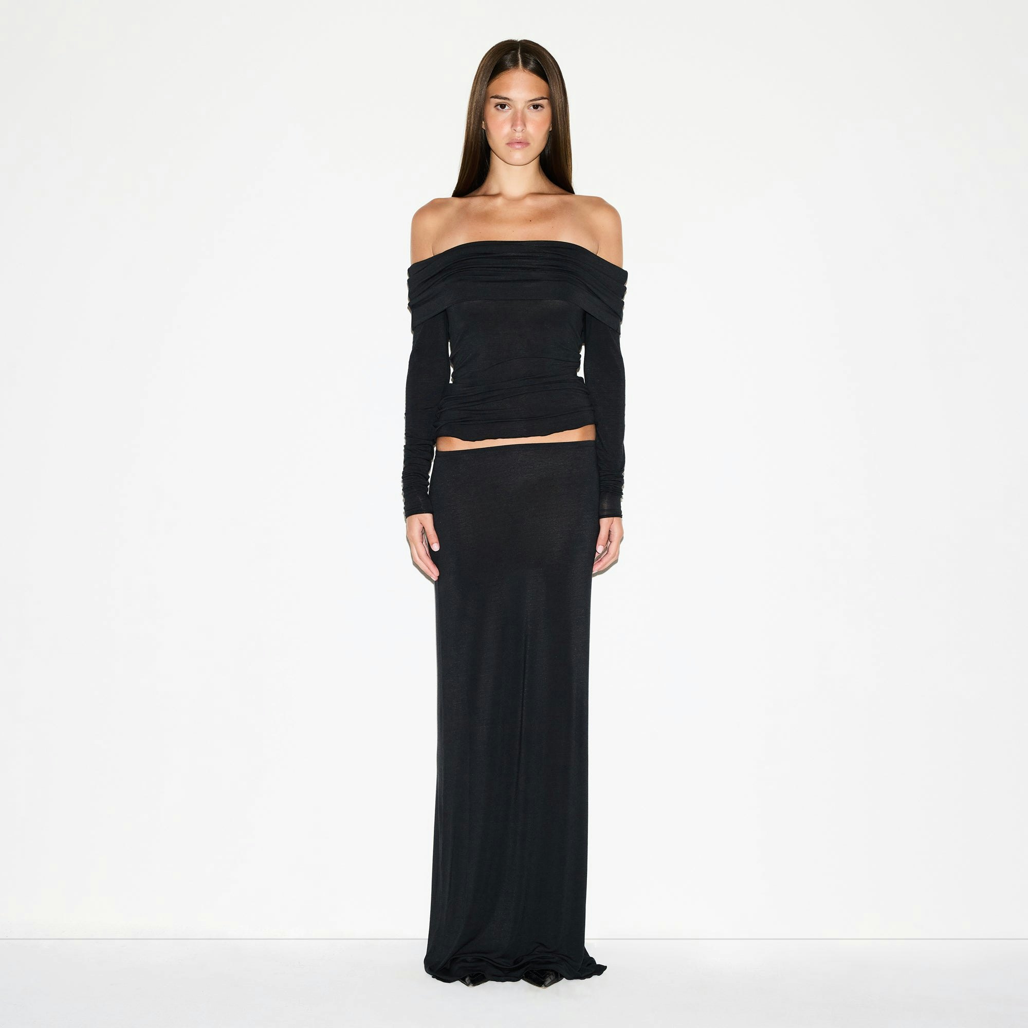 SHEER MODAL OFF THE SHOULDER TOP | ONYX ON A MODEL FRONT VIEW @ | FOCUS: 0.0, 1.0, 0.9
