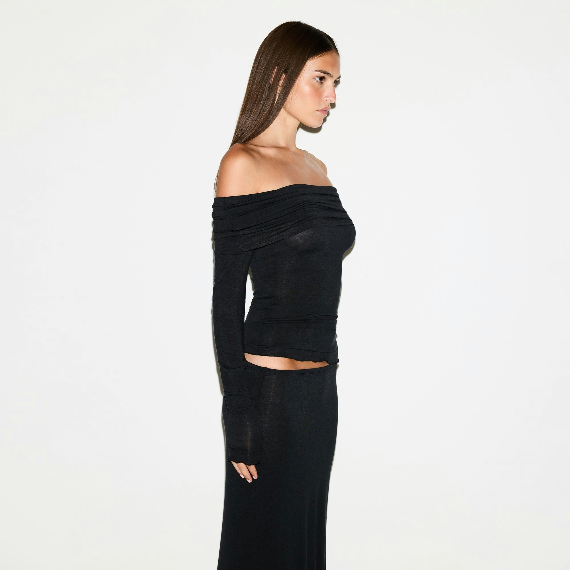 SHEER MODAL OFF THE SHOULDER TOP | ONYX ON A MODEL SIDE VIEW @ | FOCUS: 0.0, 1.0, 0.9