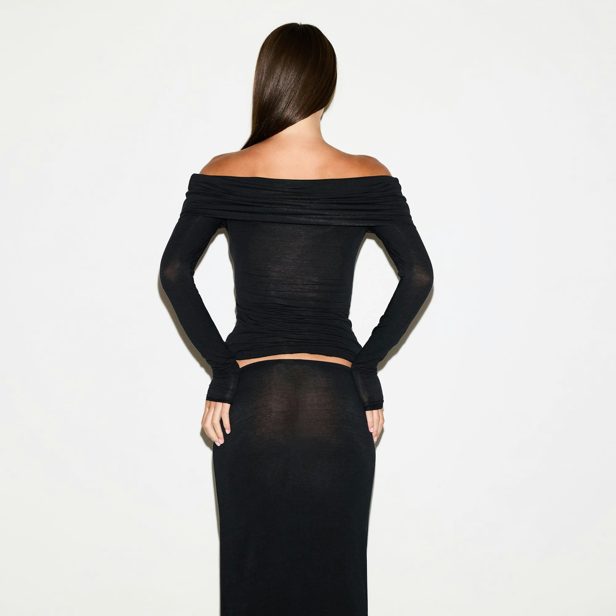 SHEER MODAL OFF THE SHOULDER TOP | ONYX ON A MODEL SIDE VIEW @ | FOCUS: 0.0, 1.0, 0.9