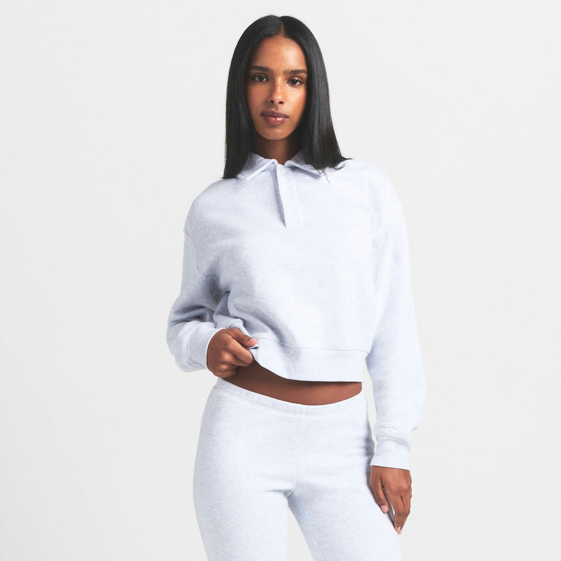 COTTON FLEECE POLO SWEATSHIRT | LIGHT HEATHER GREY ON A MODEL FRONT VIEW S | FOCUS: 0.0, 1.0, 0.9