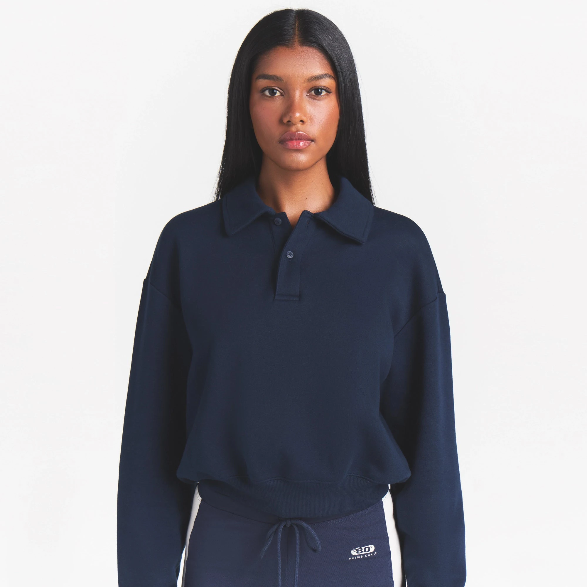 COTTON FLEECE POLO SWEATSHIRT | NAVY ON A MODEL SIDE VIEW @ | FOCUS: 0.0, 1.0, 0.9