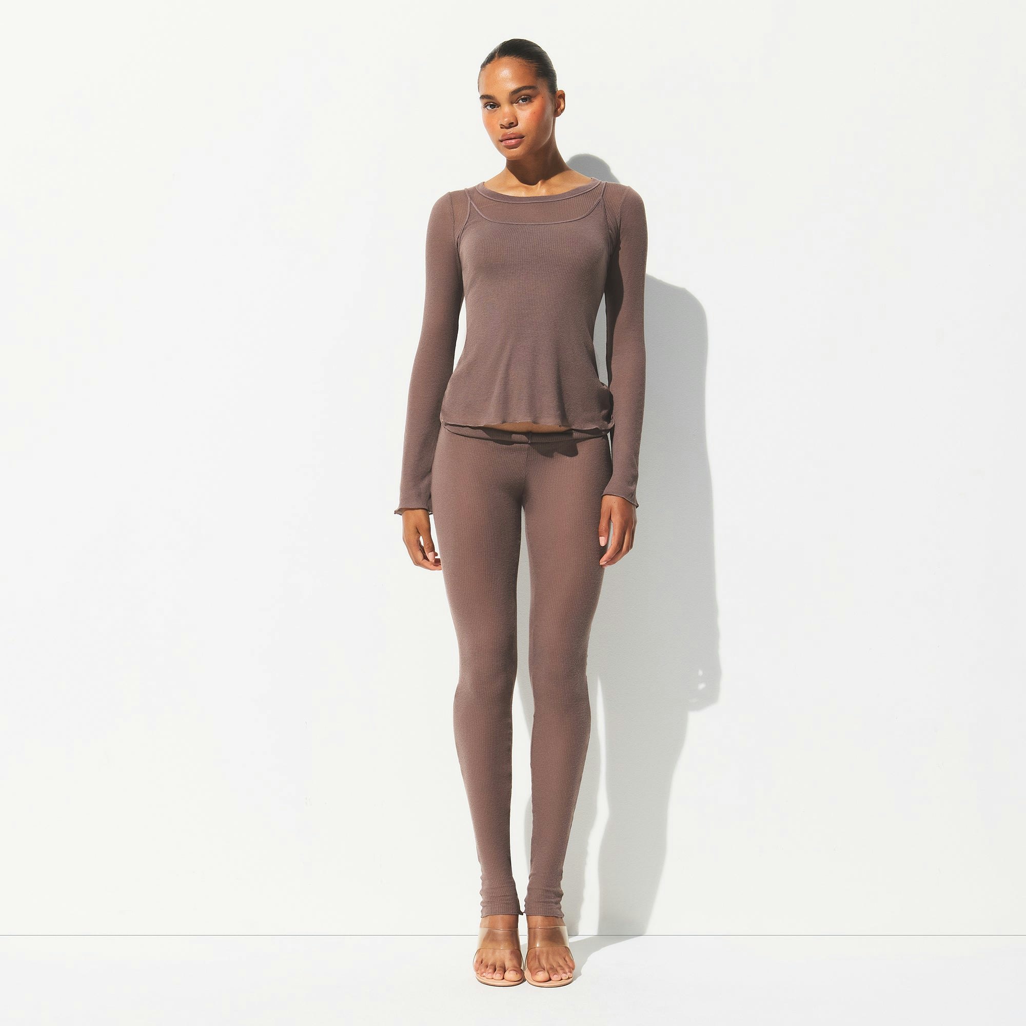 SHEER RIB LONG SLEEVE CREW NECK TOP | PEWTER ON A MODEL FRONT VIEW @ | FOCUS: 0.0, 1.0, 0.9