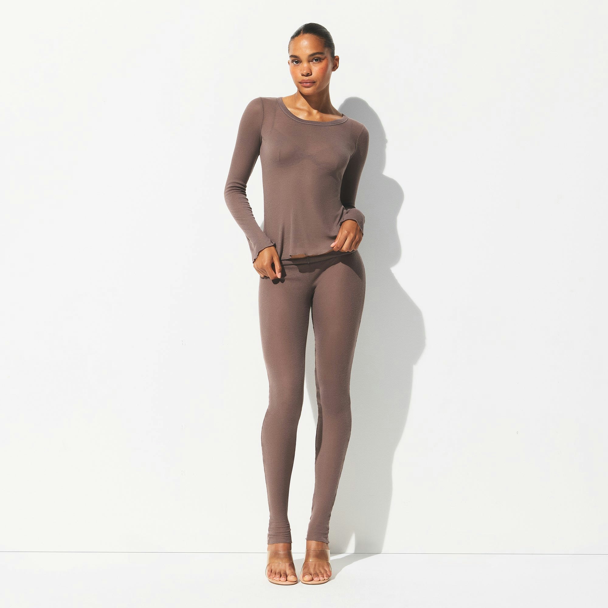 SHEER RIB LONG SLEEVE CREW NECK TOP | PEWTER ON A MODEL FRONT VIEW @ | FOCUS: 0.0, 1.0, 0.9