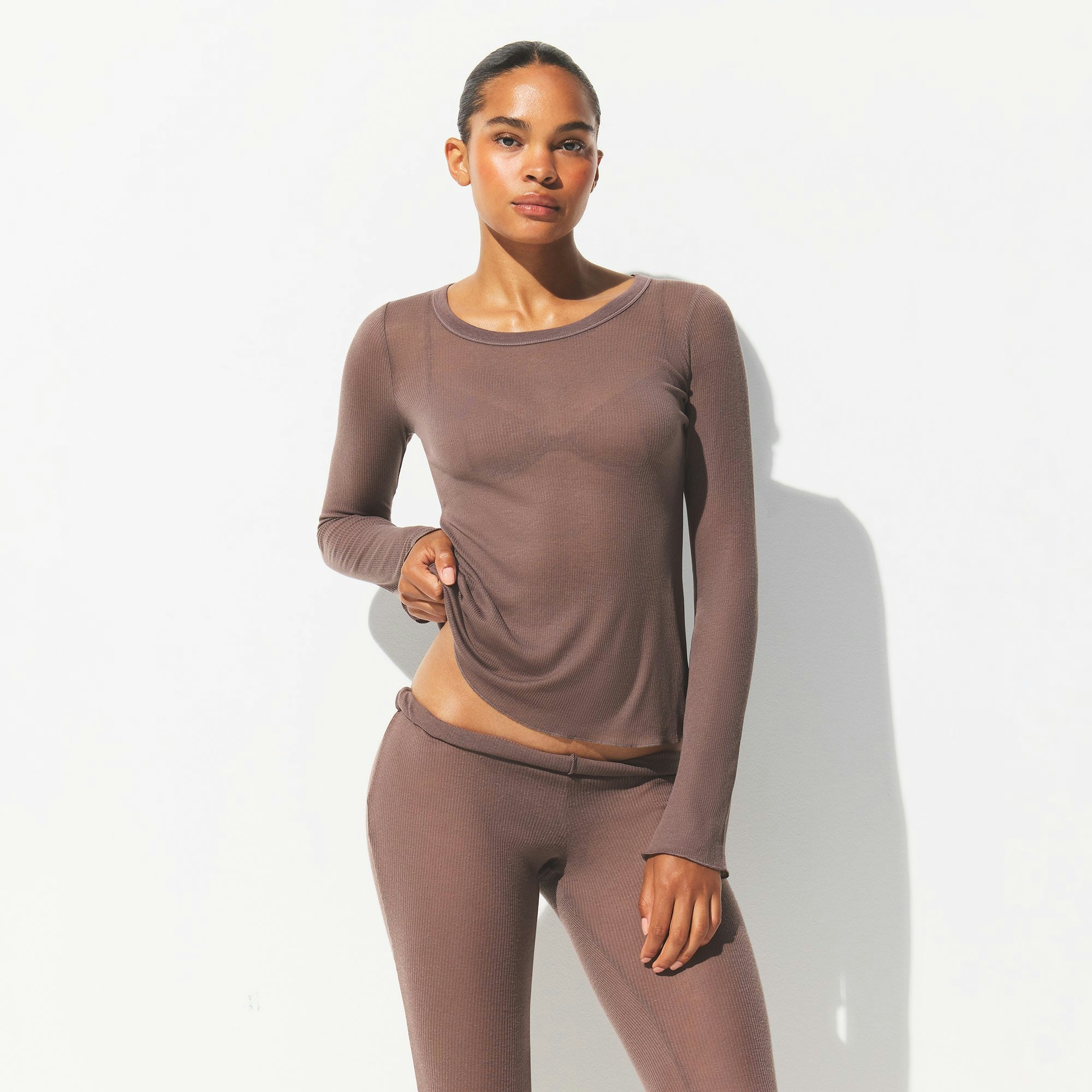 SHEER RIB LONG SLEEVE CREW NECK TOP | PEWTER ON A MODEL FRONT VIEW @ | FOCUS: 0.0, 1.0, 0.9