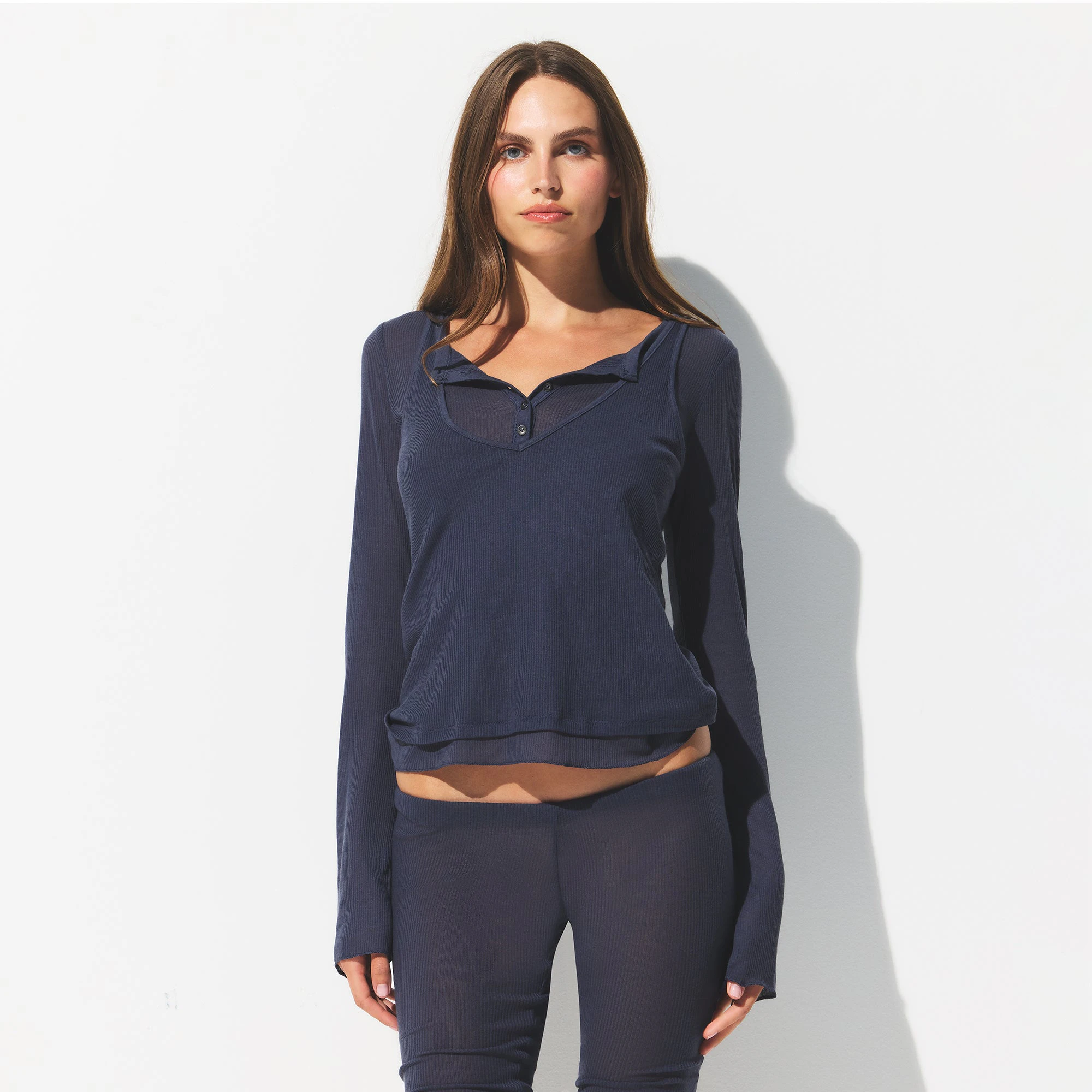 SHEER RIB LONG SLEEVE HENLEY | SLEET ON A MODEL FRONT VIEW @ | FOCUS: 0.0, 1.0, 0.9