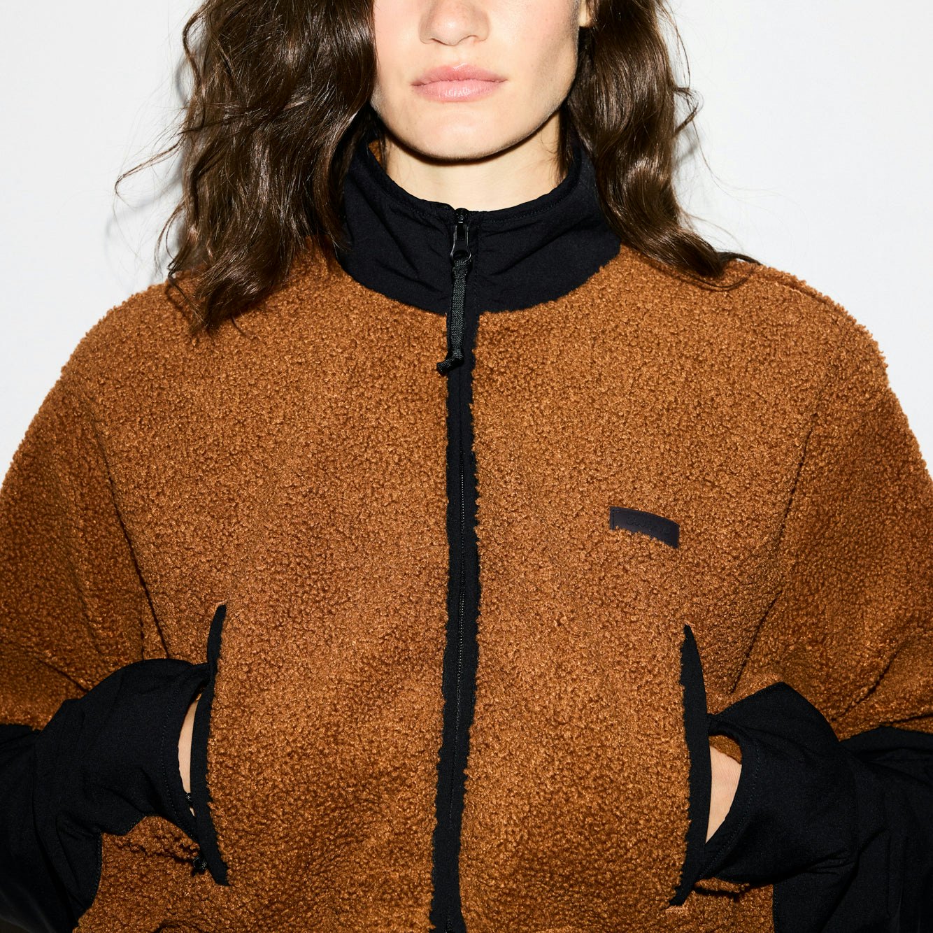 TEDDY FUNNEL NECK CROPPED JACKET | CHAI ON A MODEL SIDE VIEW @ | FOCUS: 0.0, 1.0, 0.9