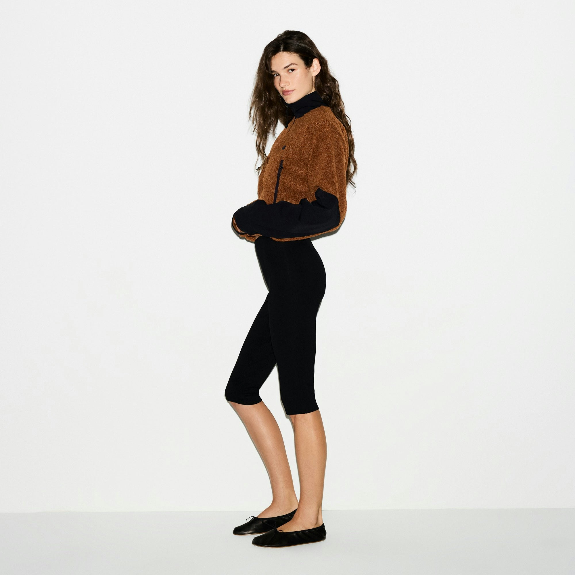 TEDDY FUNNEL NECK CROPPED JACKET | CHAI ON A MODEL SIDE VIEW @ | FOCUS: 0.0, 1.0, 0.9