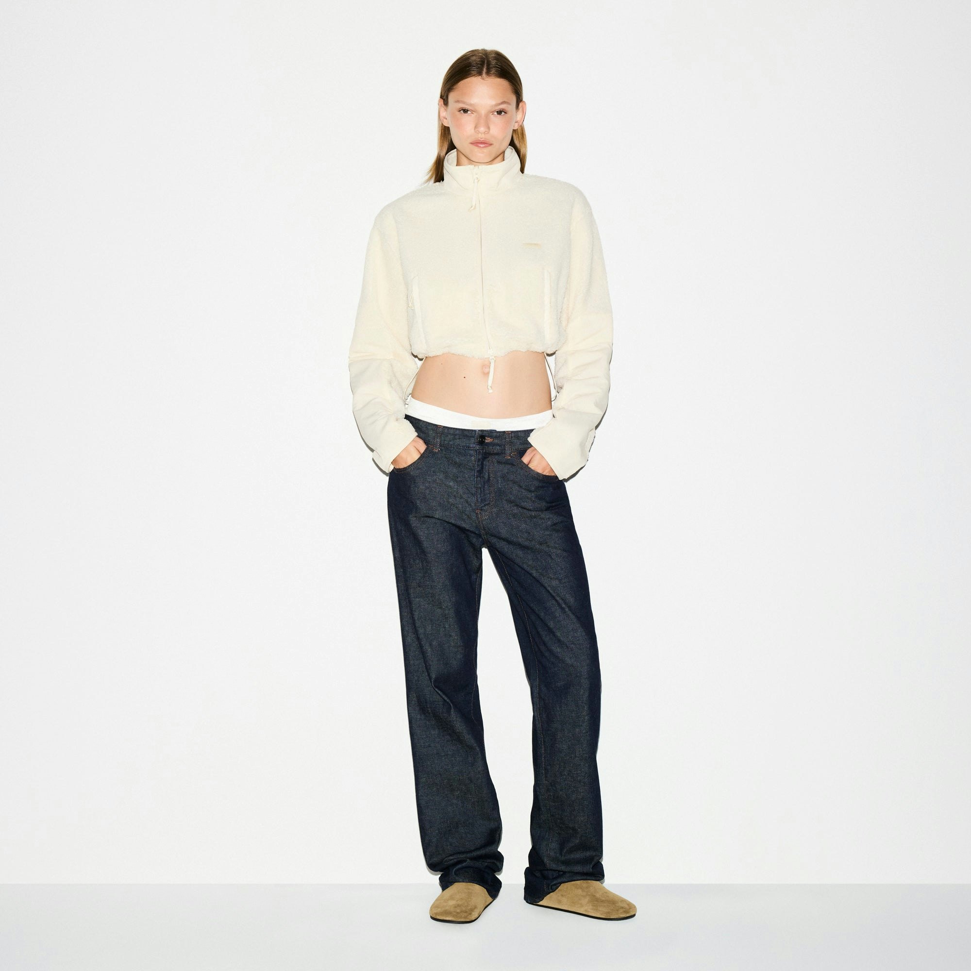 TEDDY FUNNEL NECK CROPPED JACKET | ECRU ON A MODEL FRONT VIEW @ | FOCUS: 0.0, 1.0, 0.9