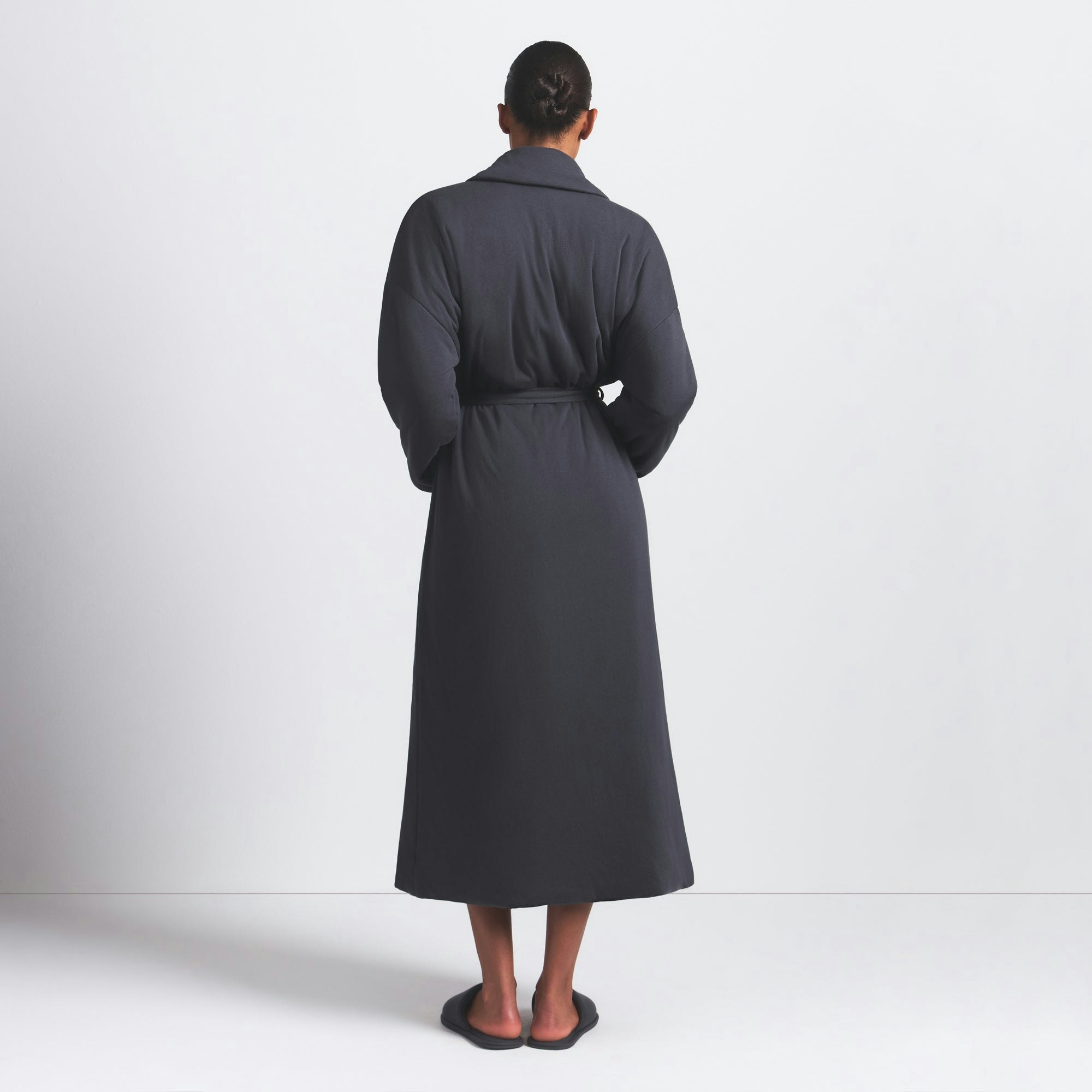 DUVET LONG ROBE | ASH ON A MODEL FRONT VIEW @ | FOCUS: 0.0, 1.0, 0.9