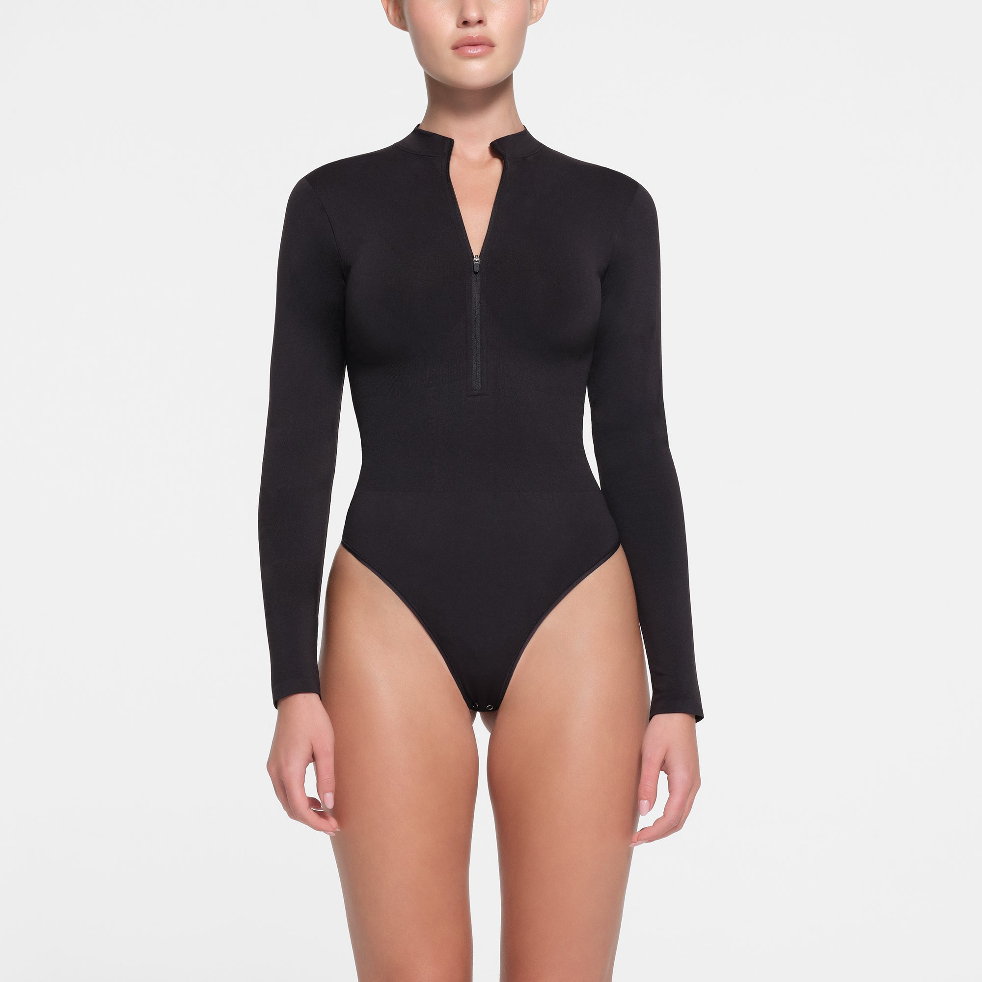 CONTOUR NYLON ZIP FRONT LONG SLEEVE BODYSUIT ONYX XXS XS