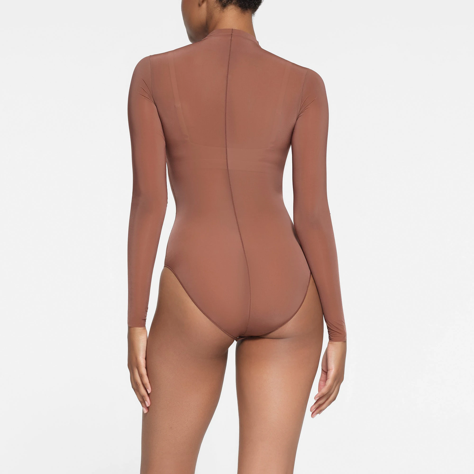MILKY SHEER MOCK NECK LONG SLEEVE BRIEF BODYSUIT | BRANDY ON A MODEL BACK VIEW