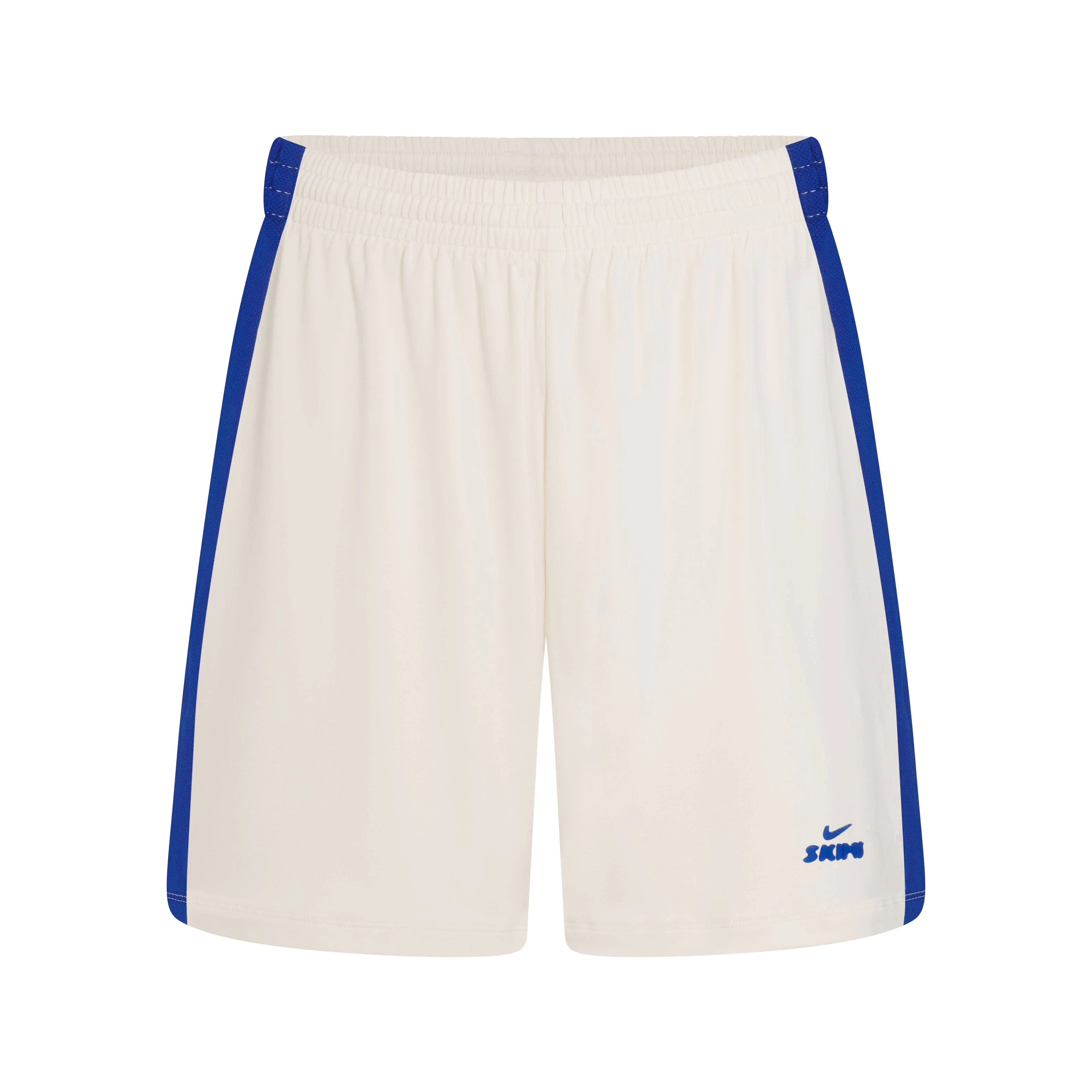 NikeSKIMS STRETCH KNIT DOLPHIN SHORT | NSKM ACTV IVORY/NSKM COBALT FLAT ON A WHITE BACKGROUND | FLT