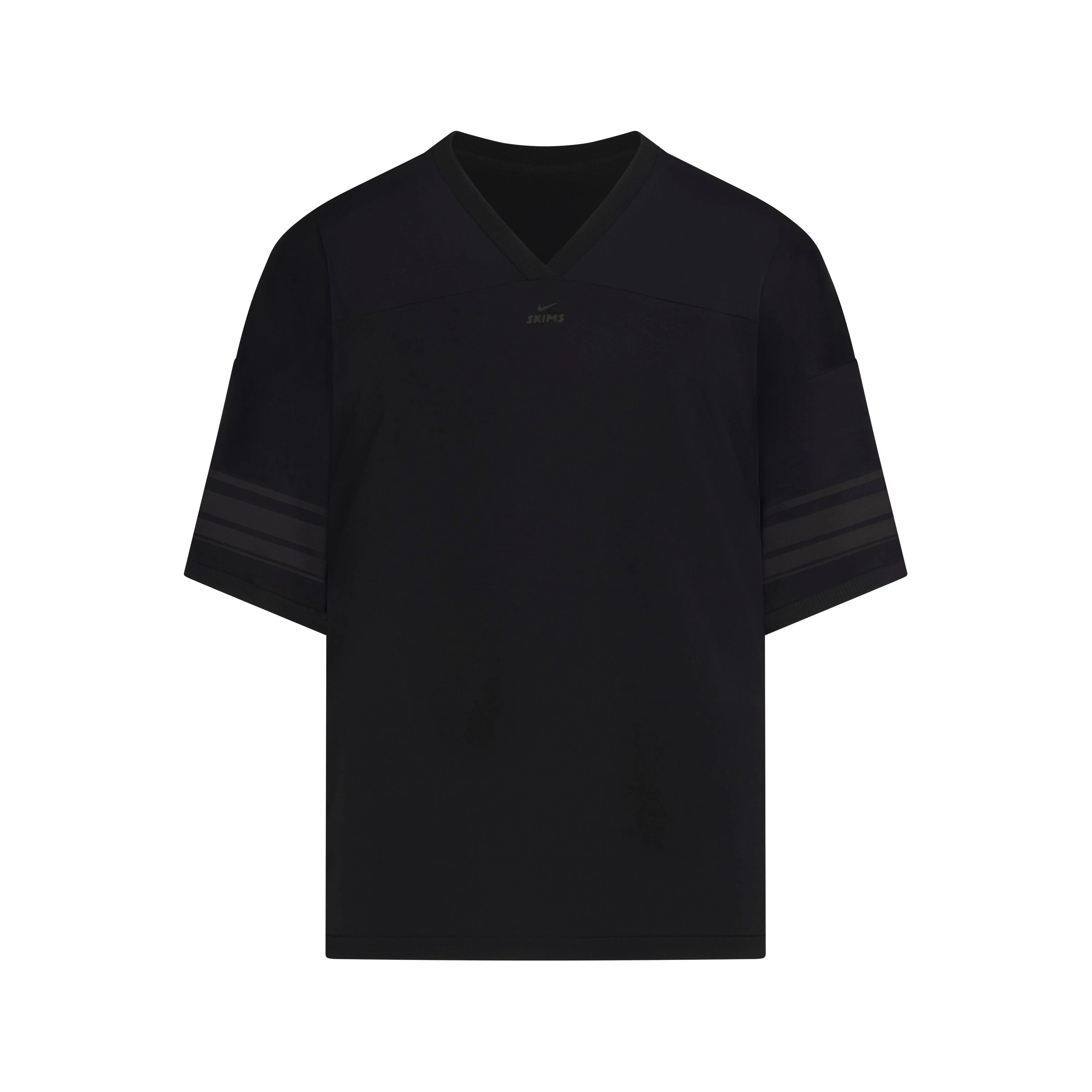 NikeSKIMS STRETCH KNIT V-NECK OVERSIZED TOP | NSKM OBSIDIAN/NSKM IGNEOUS FLAT ON A WHITE BACKGROUND | FLT