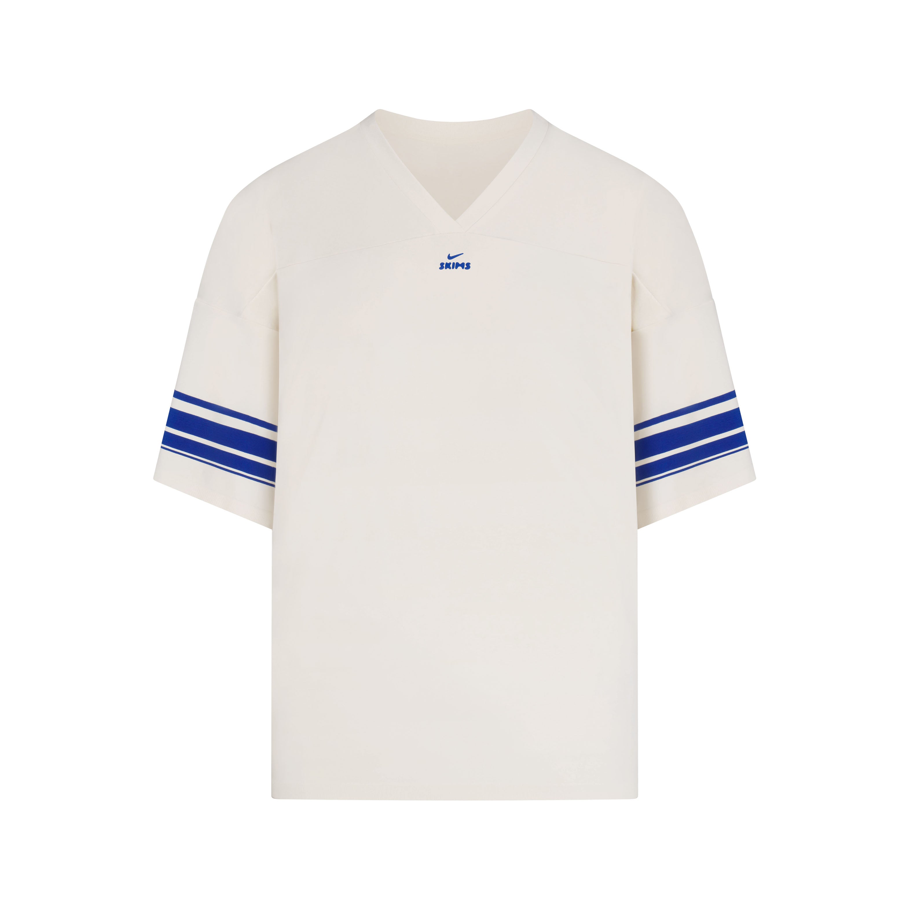 NikeSKIMS STRETCH KNIT V-NECK OVERSIZED TOP | NSKM ACTV IVORY/NSKM COBALT FLAT ON A WHITE BACKGROUND | FLT
