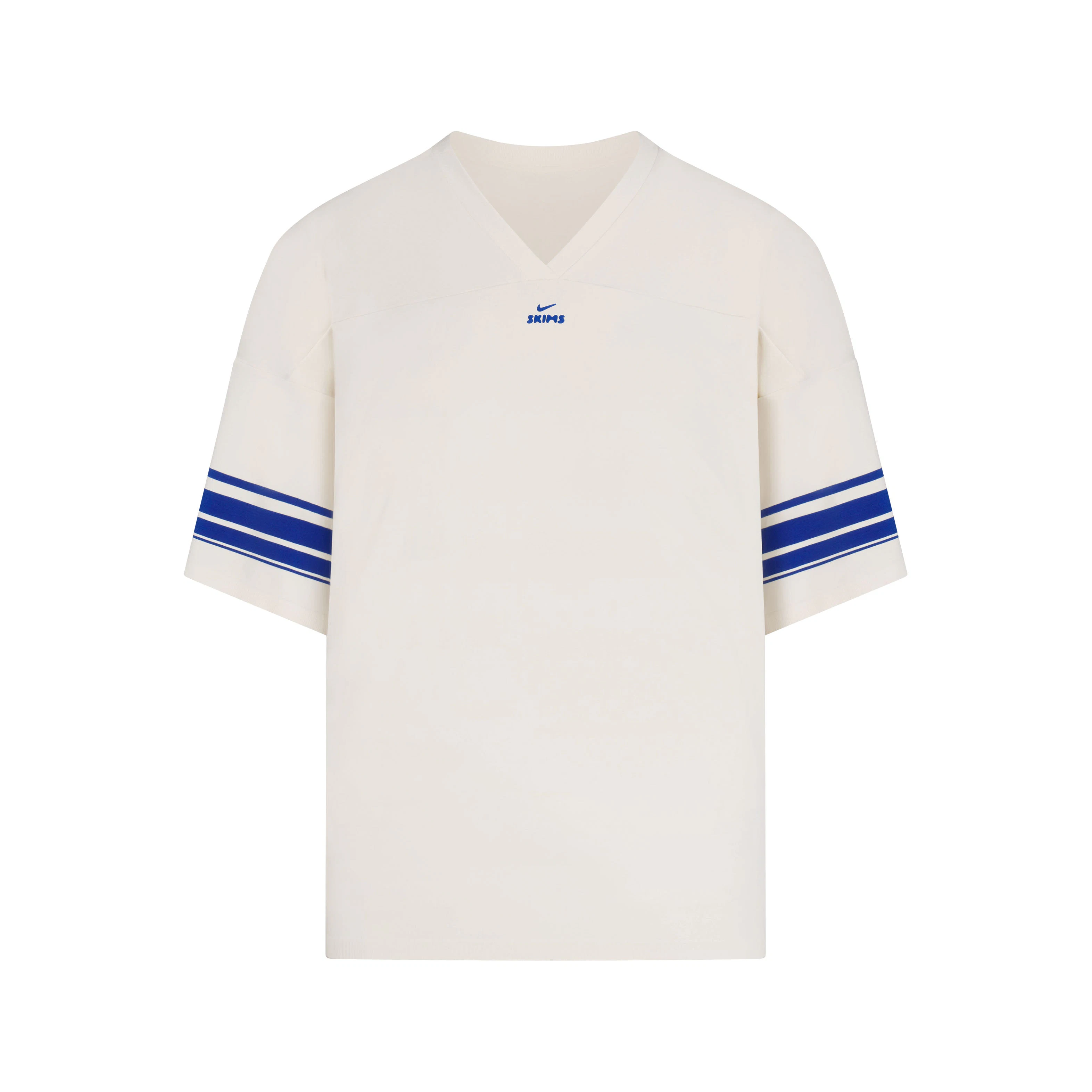 NikeSKIMS STRETCH KNIT V-NECK OVERSIZED TOP | NSKM ACTV IVORY/NSKM COBALT FLAT ON A WHITE BACKGROUND | FLT