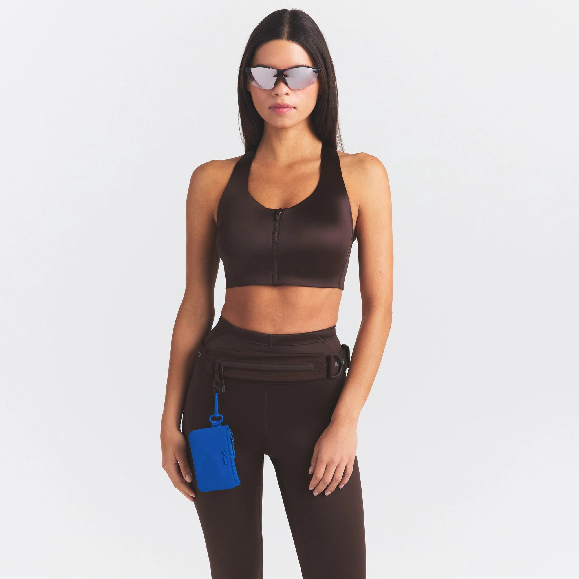 NikeSKIMS SATIN SHINE RACER BACK ZIP FRONT BRA | PHOENIX ON A MODEL SIDE VIEW @ | FOCUS: 0.0, 1.0, 0.9