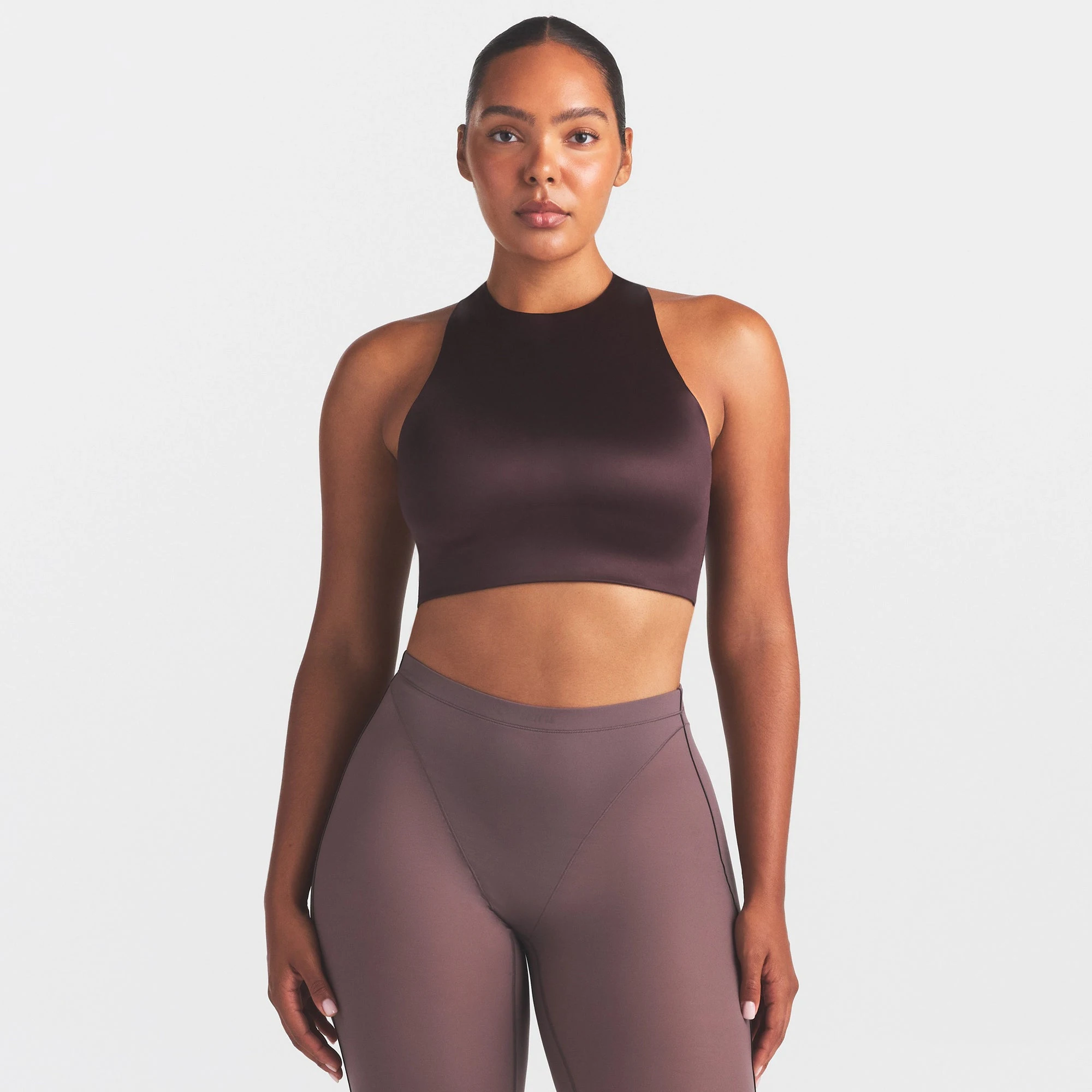 NikeSKIMS SATIN SHINE HIGH NECK BRA | PHOENIX ON A MODEL SIDE VIEW @ | FOCUS: 0.0, 1.0, 0.9