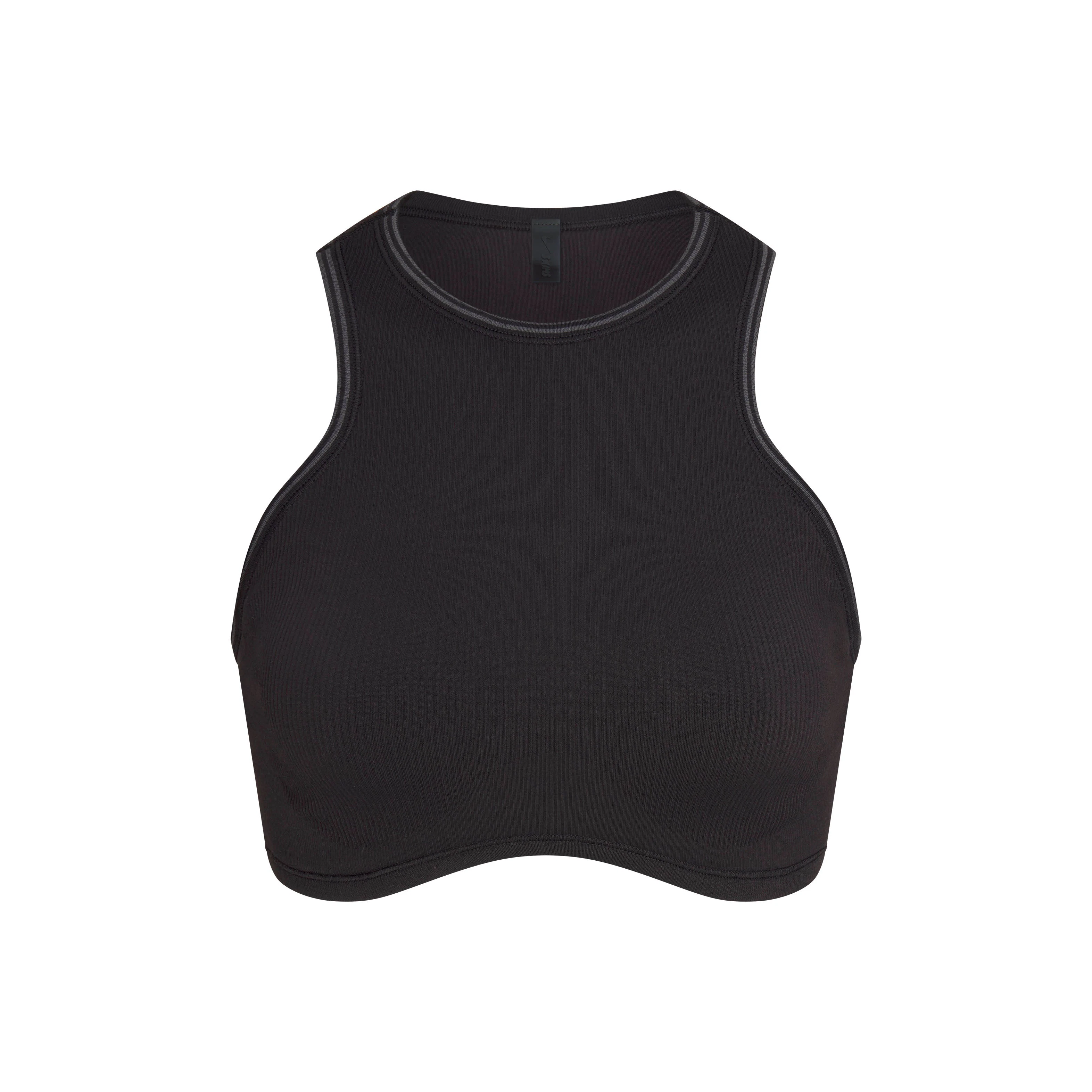 NikeSKIMS RIBBED SEAMLESS RACER FRONT BRA | OBSIDIAN FLAT ON A WHITE BACKGROUND | FLT