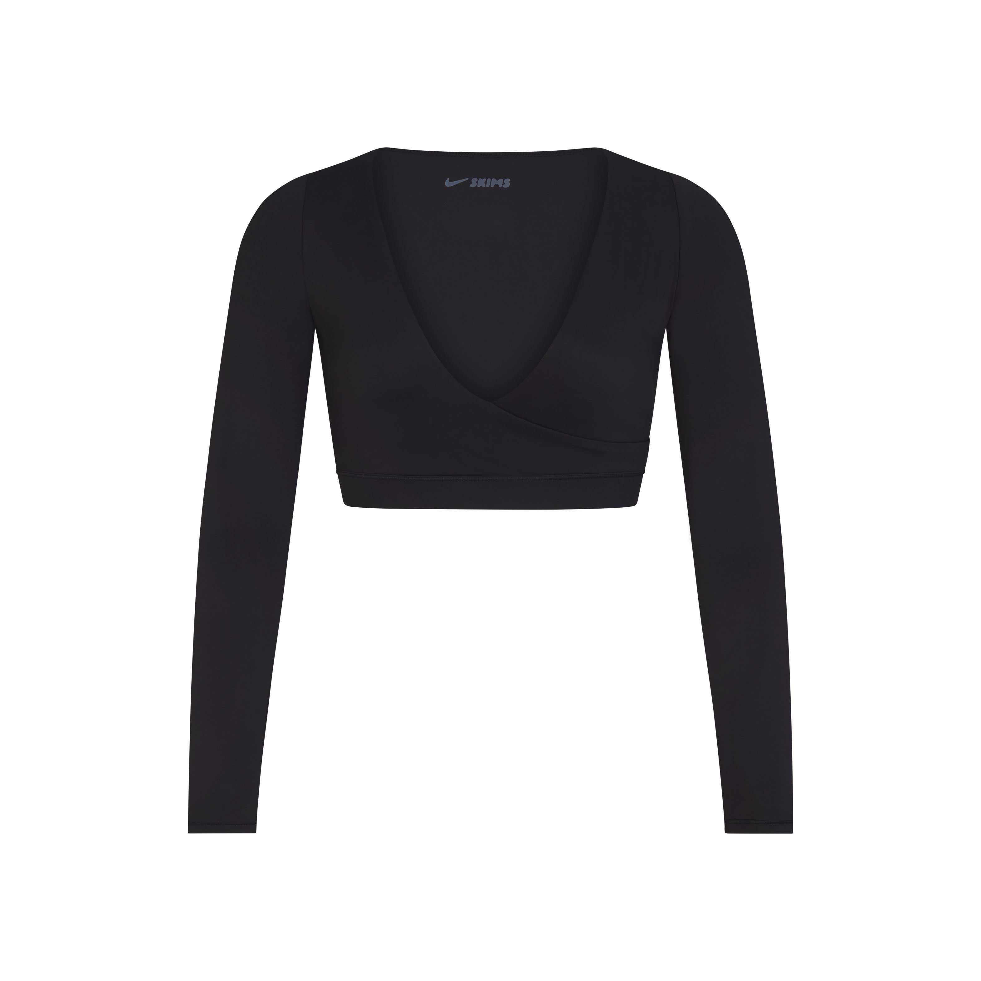 NikeSKIMS MATTE WRAP LONG SLEEVE TOP | OBSIDIAN FLAT ON A WHITE BACKGROUND | FLT