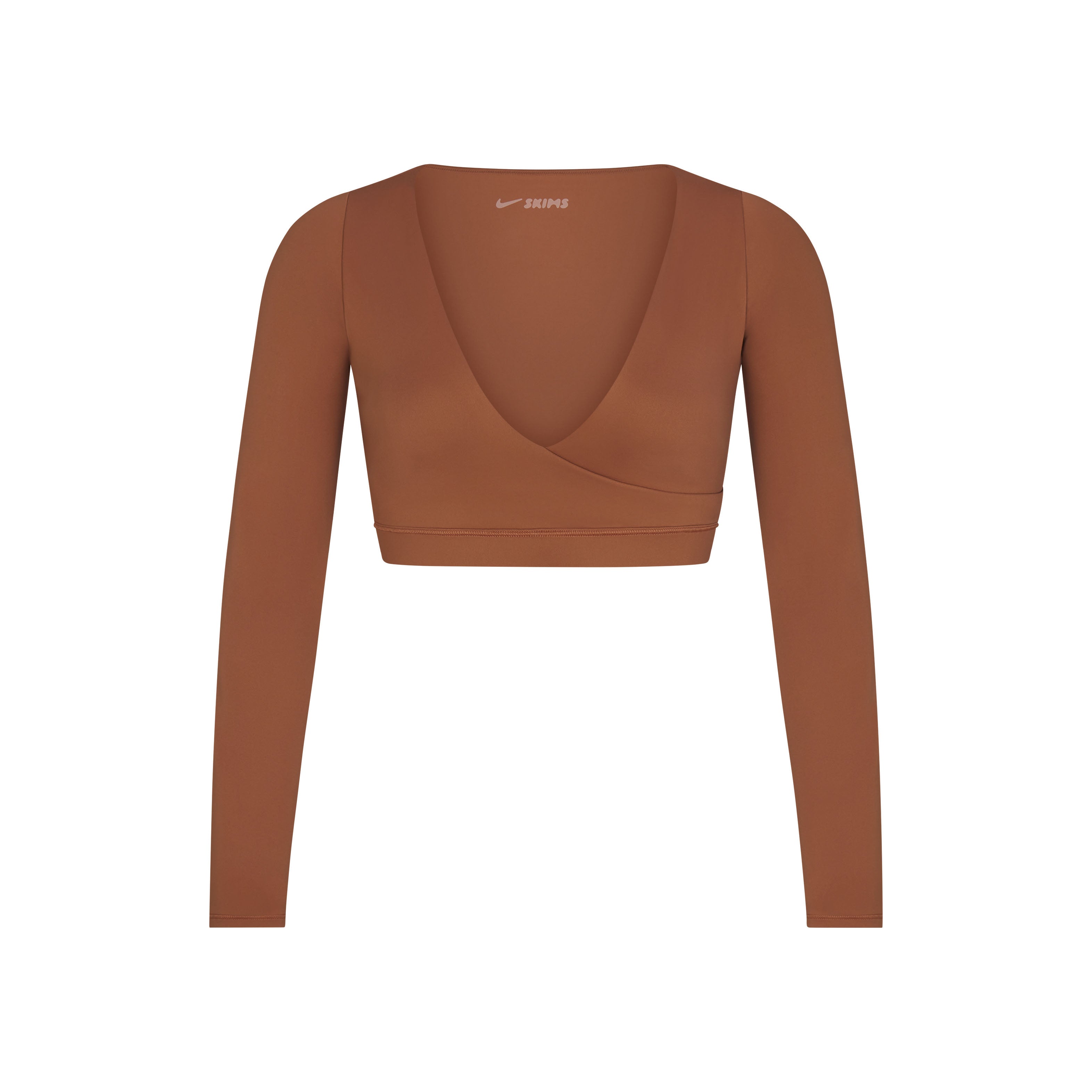 NikeSKIMS MATTE WRAP LONG SLEEVE TOP | CAROB BROWN FLAT ON A WHITE BACKGROUND | FLT