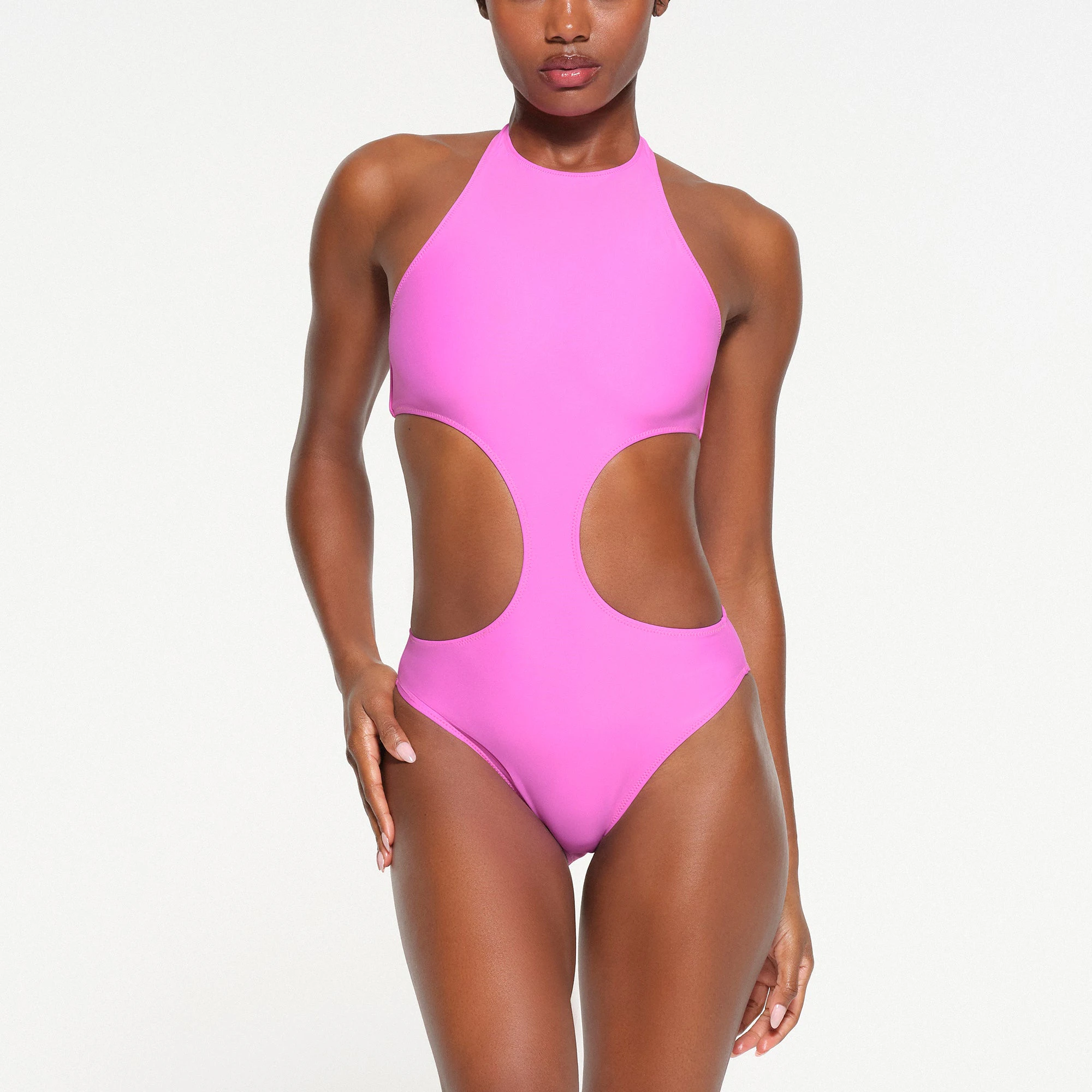 SIGNATURE SWIM HALTER MONOKINI | NEON ORCHID ON A MODEL FRONT VIEW